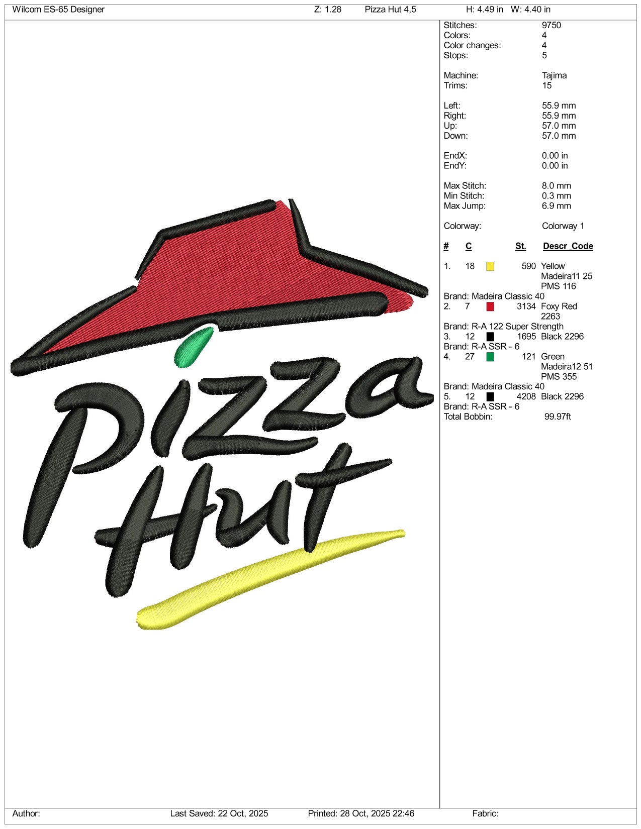 Pizza Hut Logo Embroidery Design Files - 3 Size's
