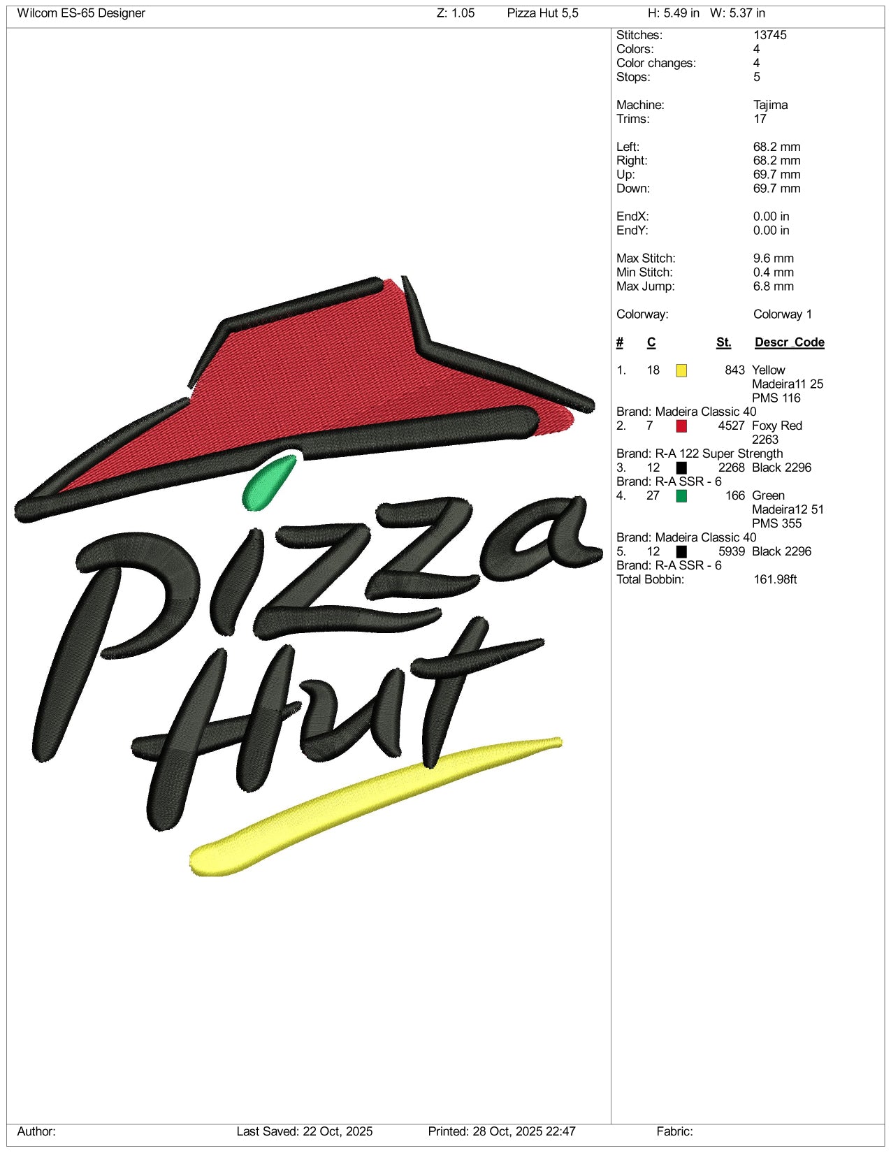 Pizza Hut Logo Embroidery Design Files - 3 Size's