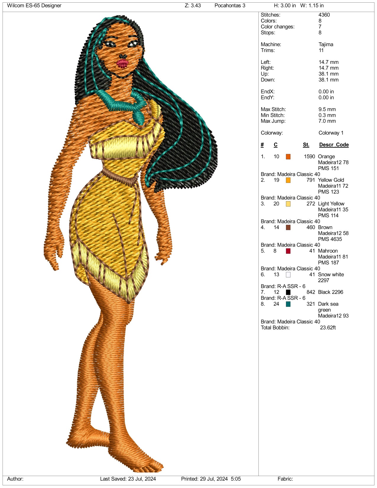 Pocahontas Embroidery Design Files - 3 Size's