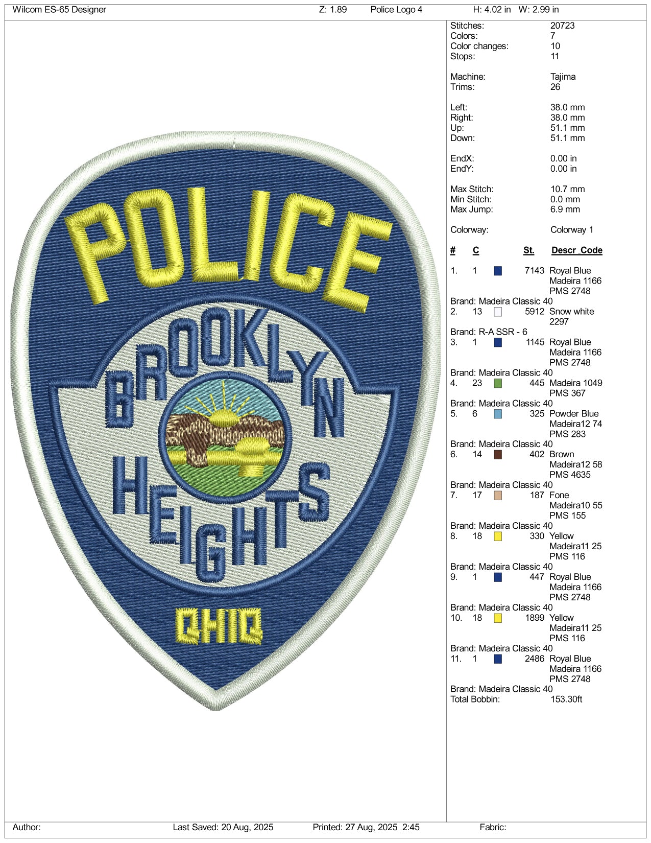 Police Brooklyn Heights Badge Embroidery Design Files - 3 Size's