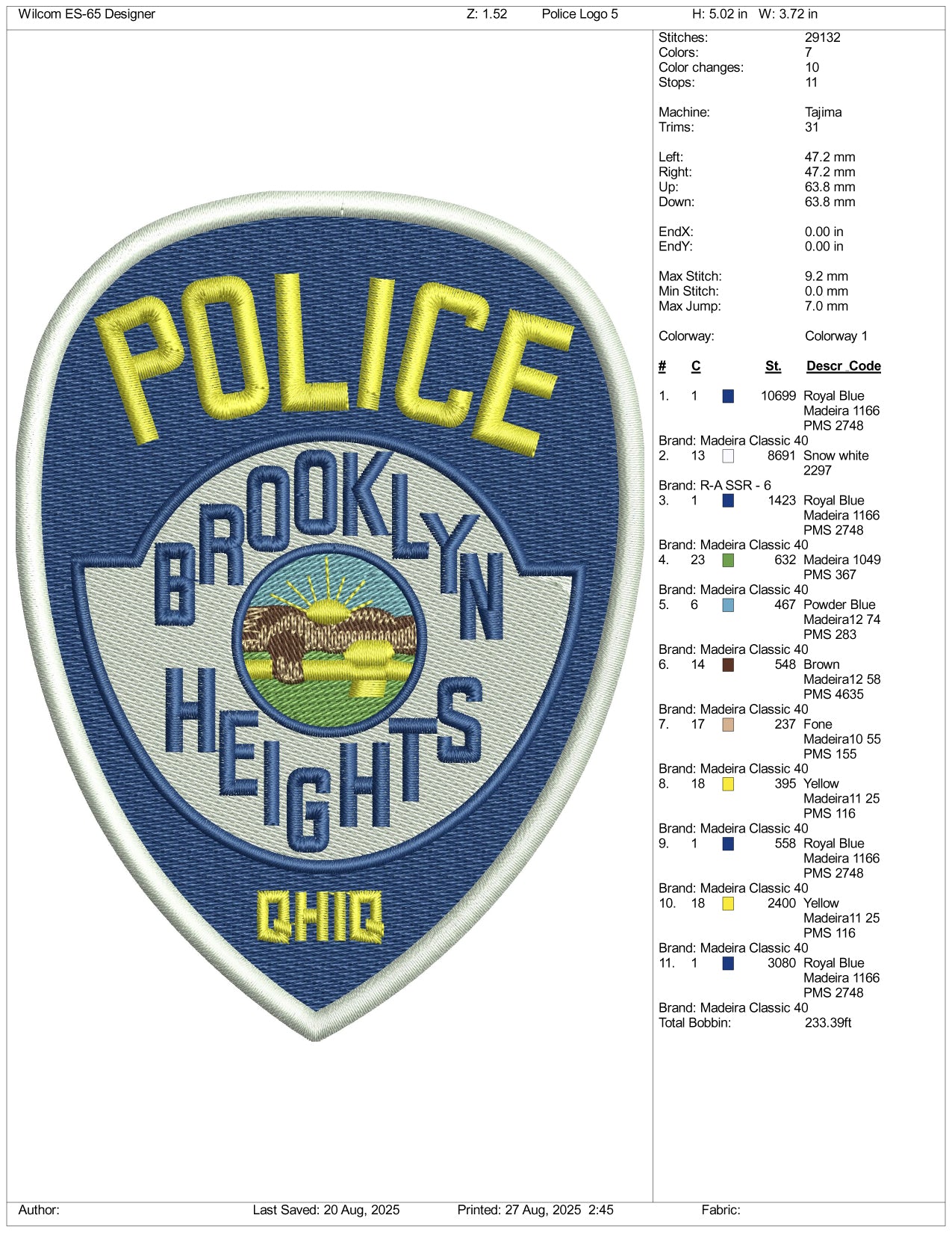 Police Brooklyn Heights Badge Embroidery Design Files - 3 Size's