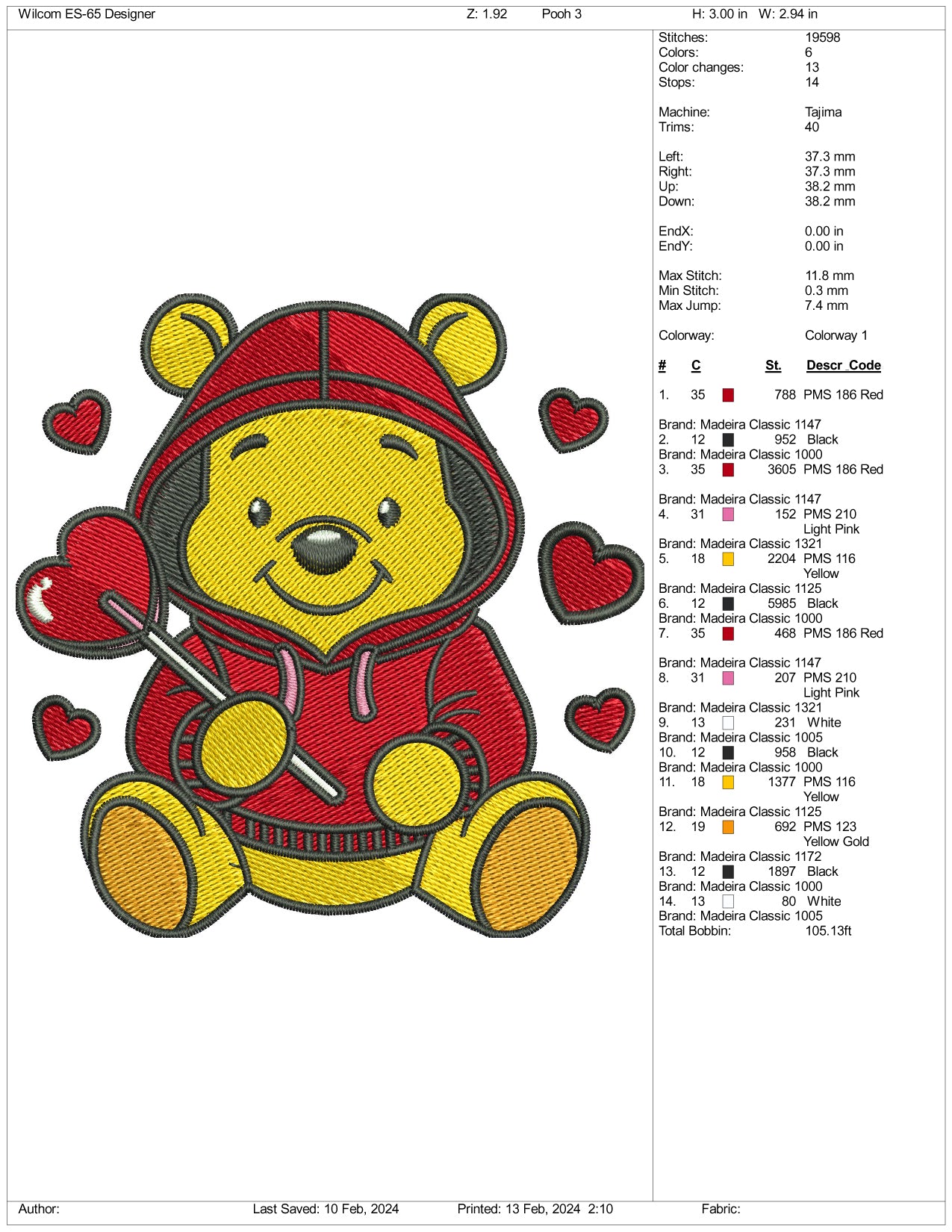 Pooh Love Embroidery Design Files - 3 Size's