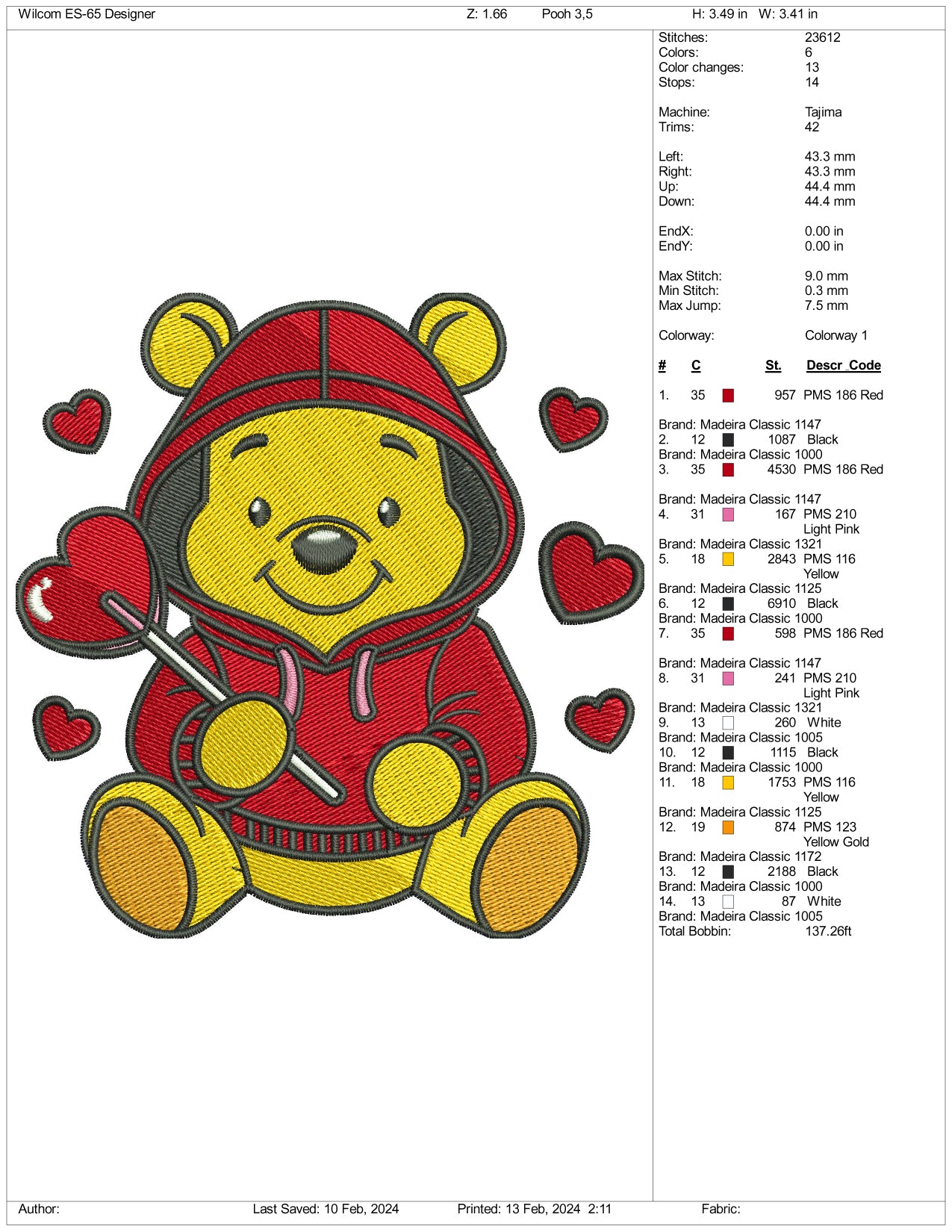 Pooh Love Embroidery Design Files - 3 Size's