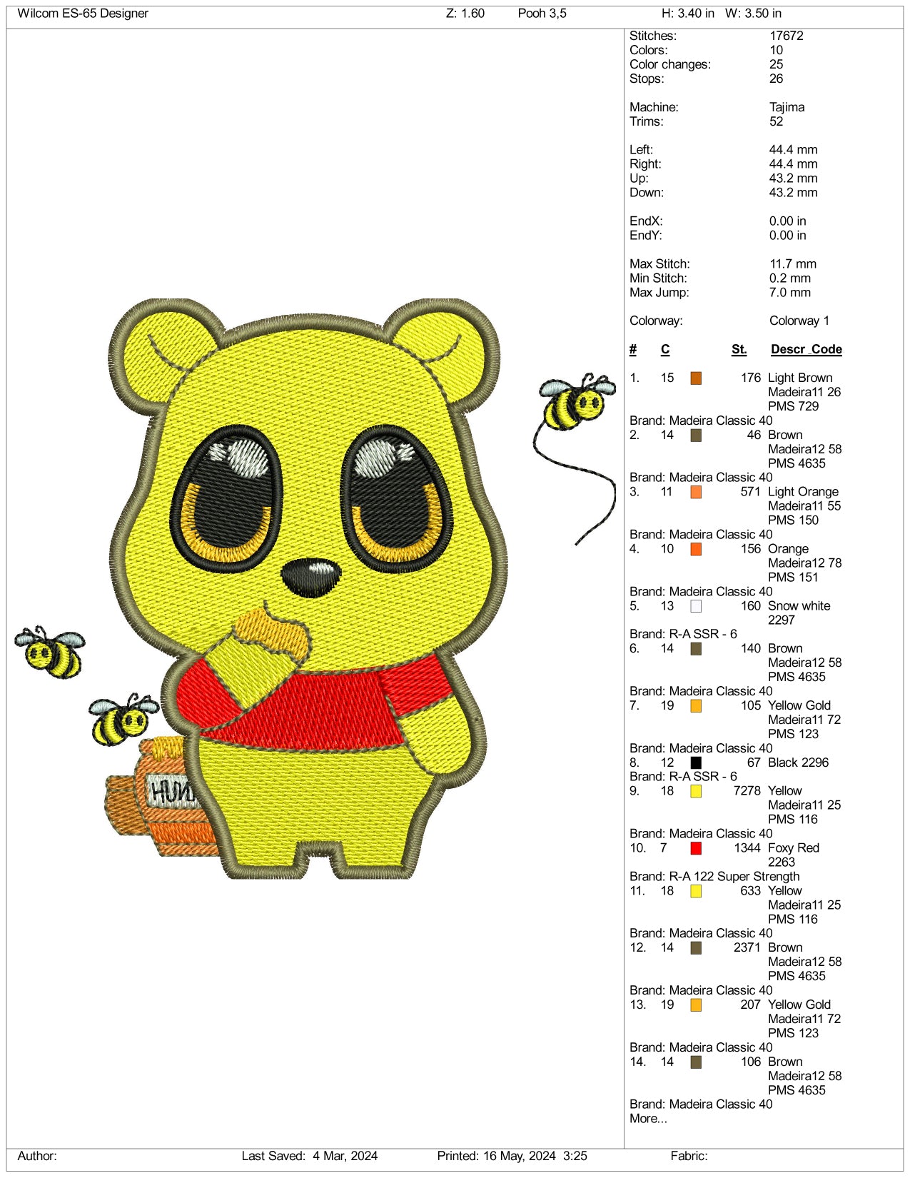 Chibi Pooh Embroidery Design Files - 3 Sizes