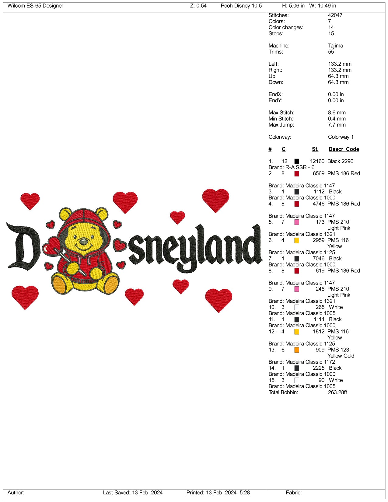 Pooh Love Disneyland Embroidery Design Files - 3 Size's