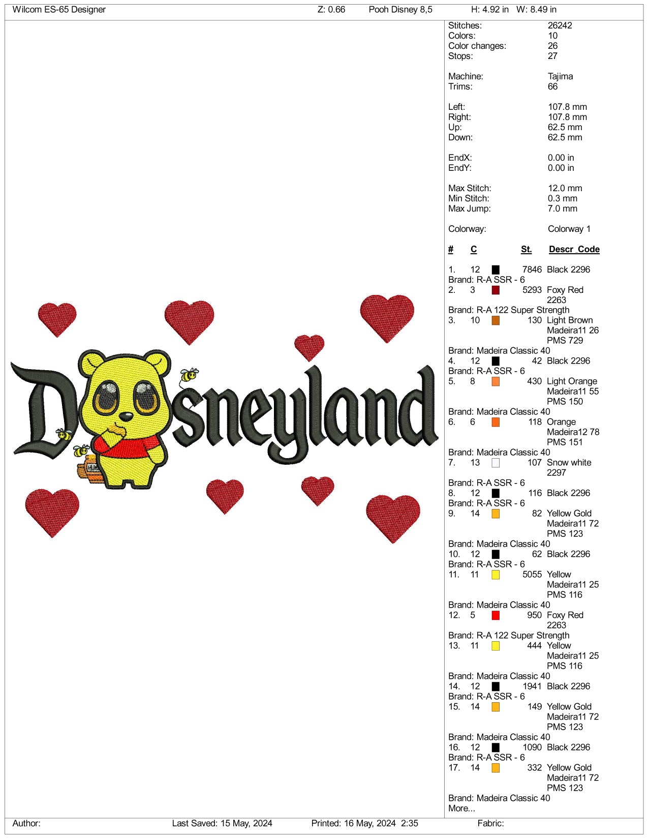 Chibi Pooh Disneyland Embroidery Design Files - 3 Sizes