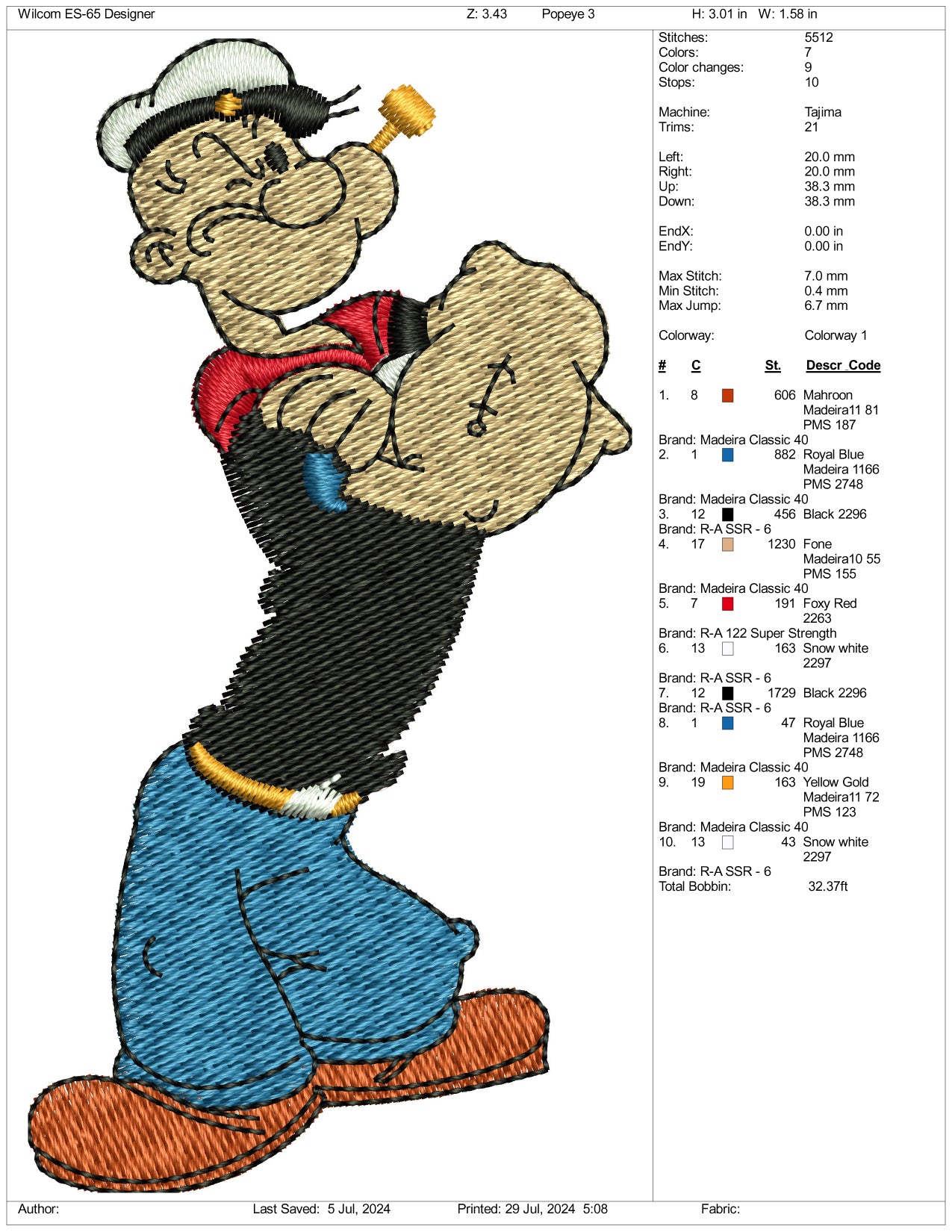 Popeye Embroidery Design Files - 3 Size's