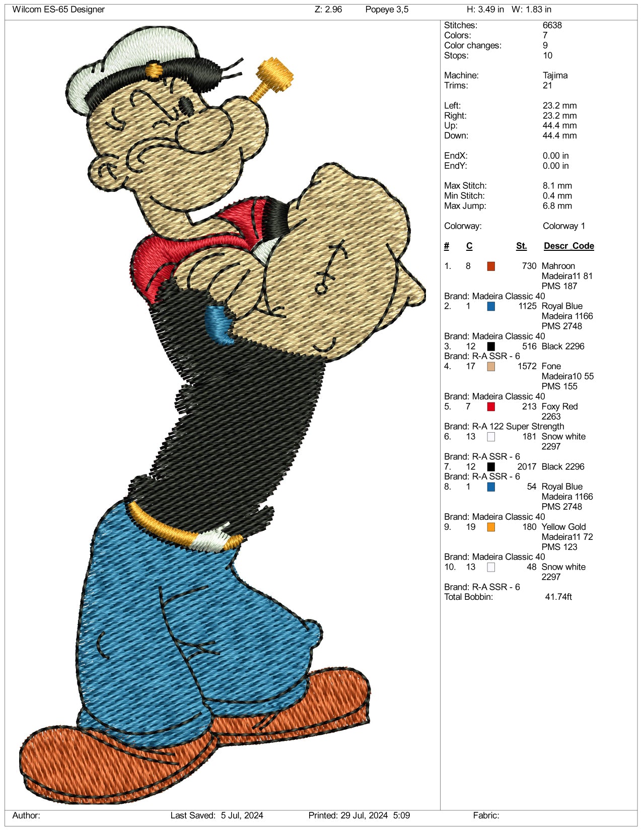 Popeye Embroidery Design Files - 3 Size's