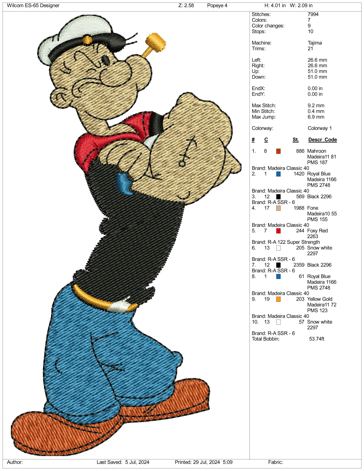 Popeye Embroidery Design Files - 3 Size's