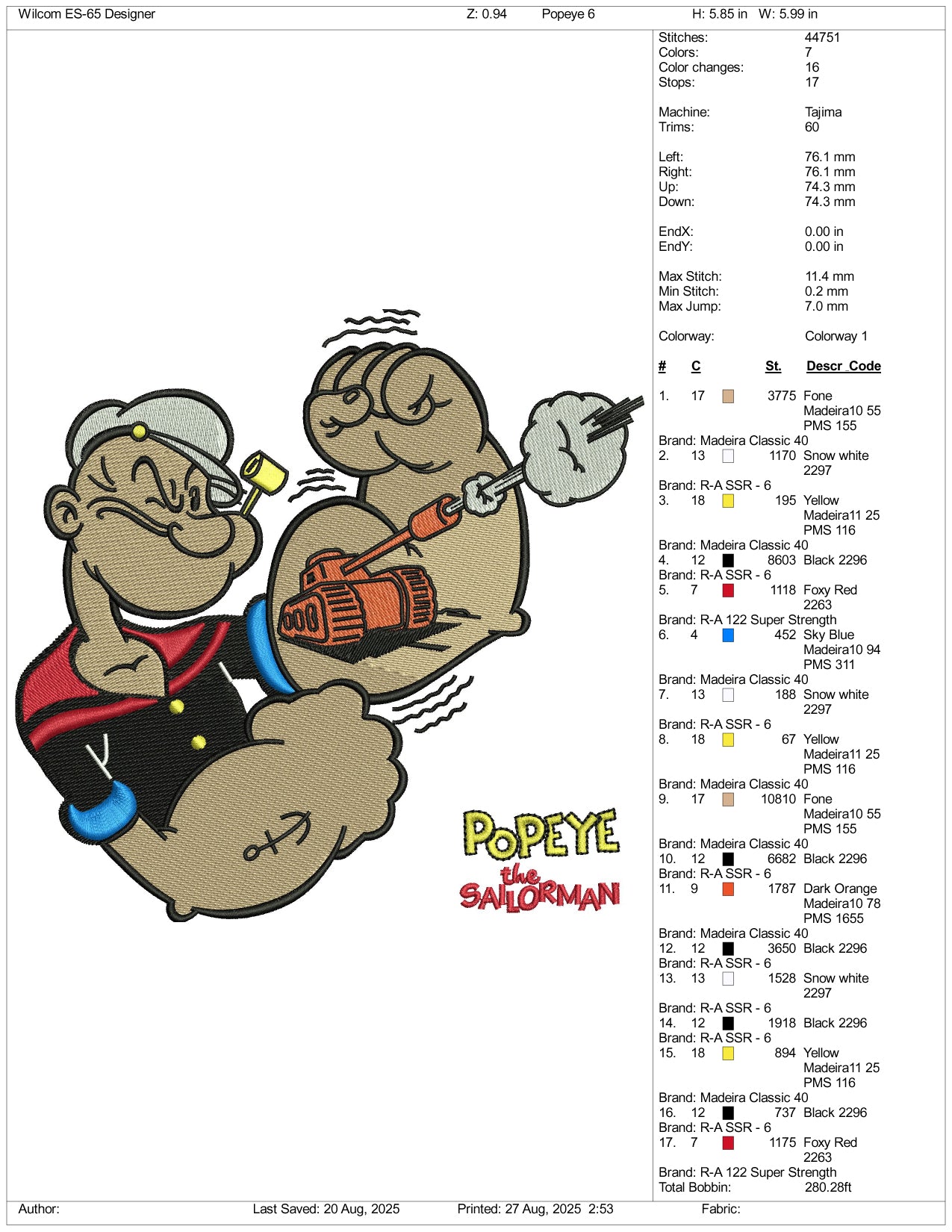 Popeye v2 Embroidery Design Files - 3 Size's
