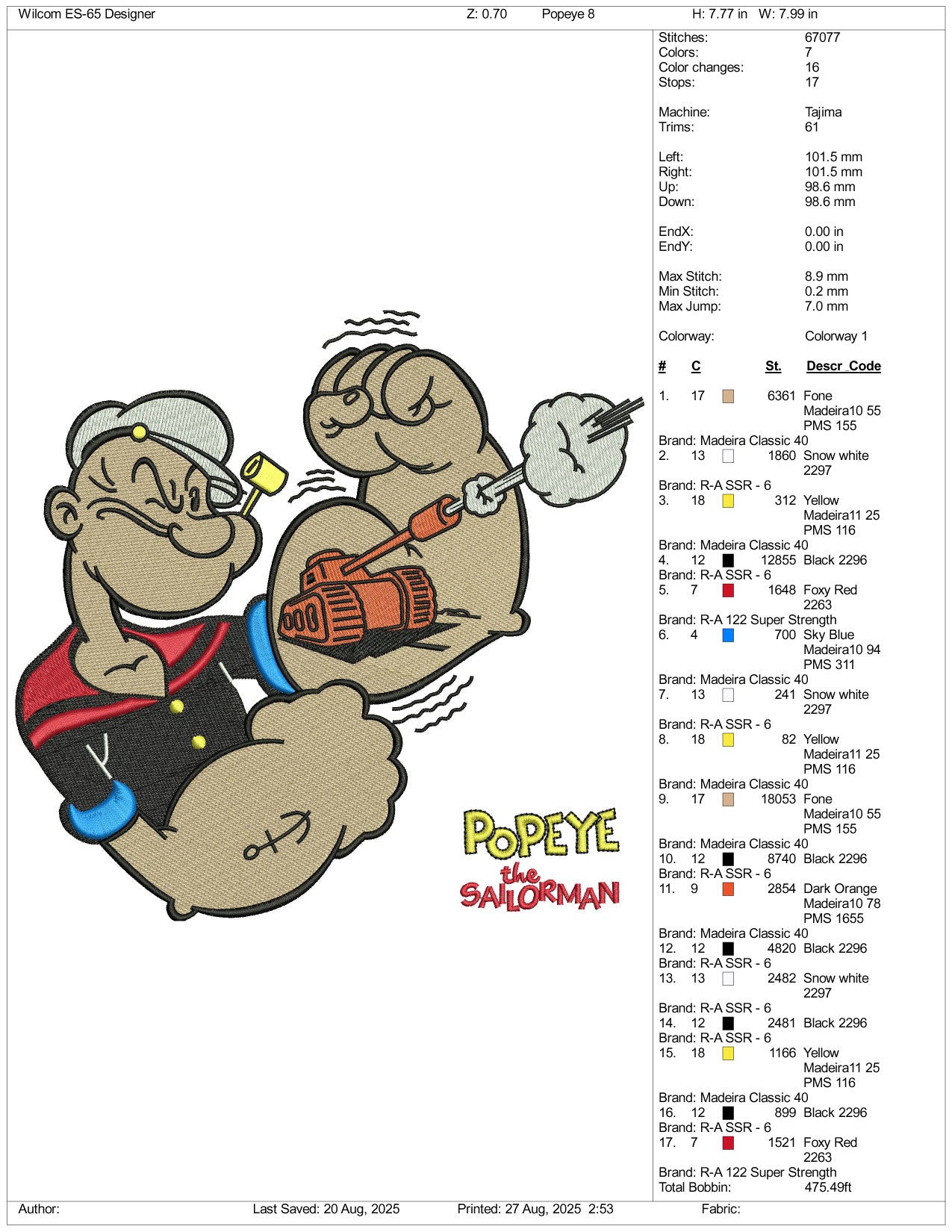 Popeye v2 Embroidery Design Files - 3 Size's