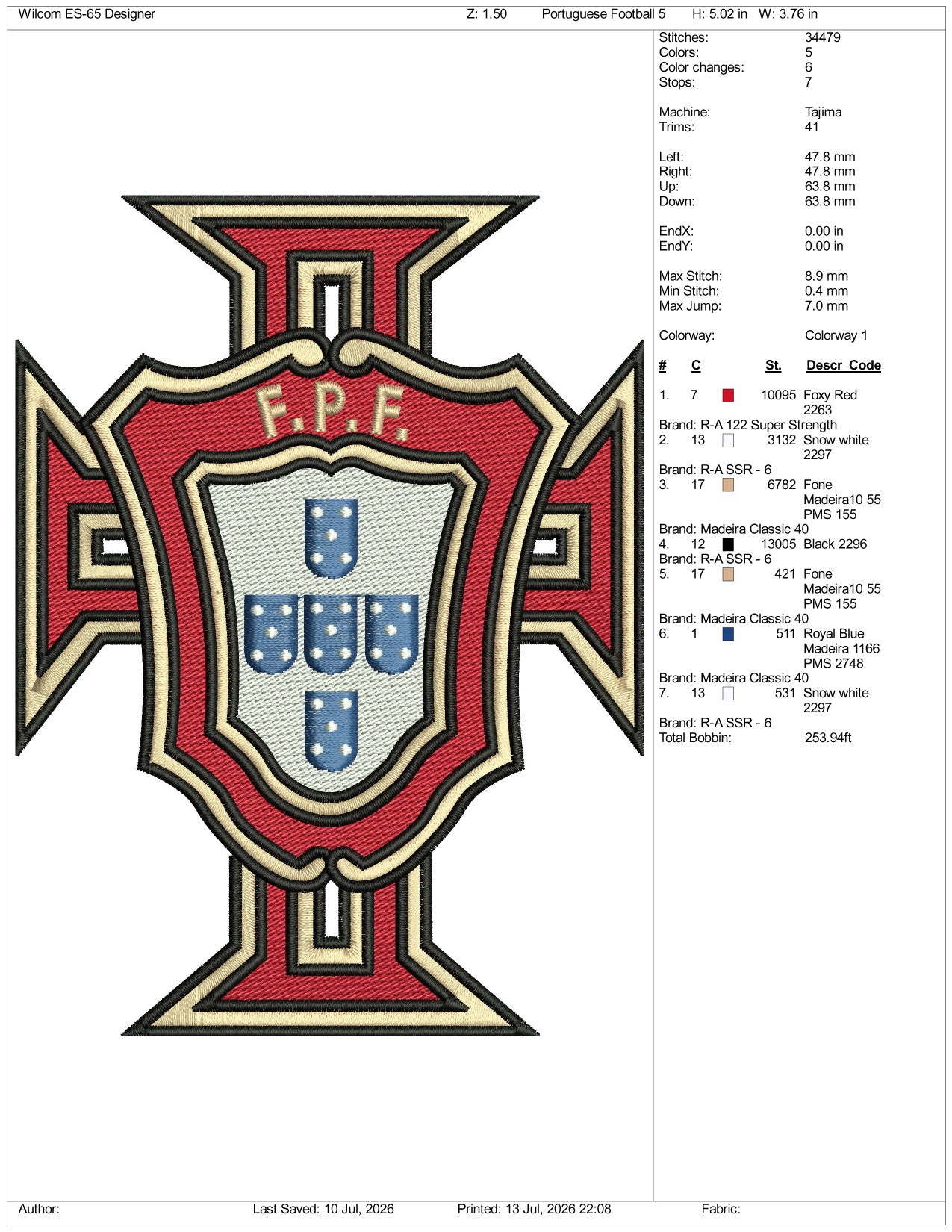 Portuguese Football Logo Embroidery Design Files - 3 Size's