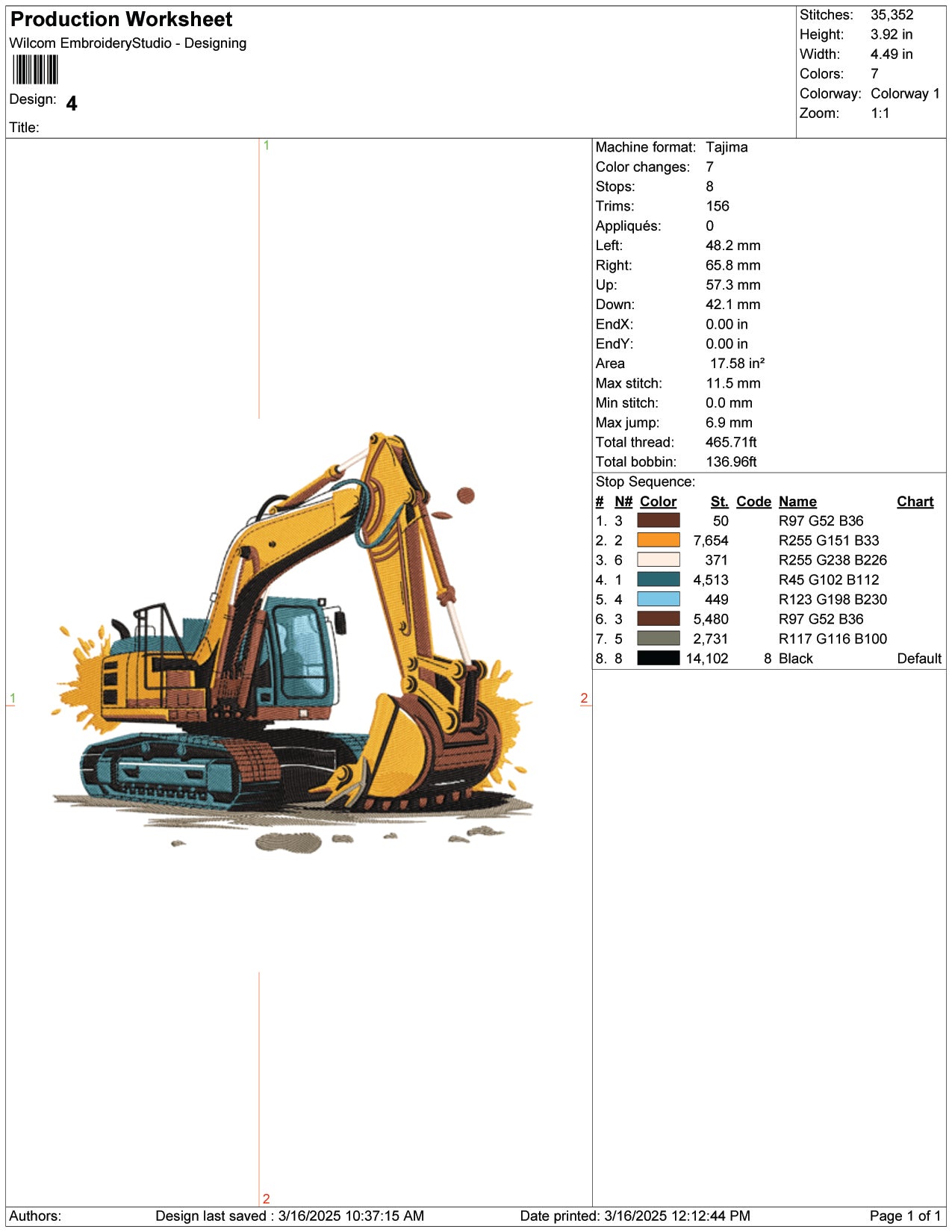 Excavator v2 Embroidery Design Files - 9 Size's