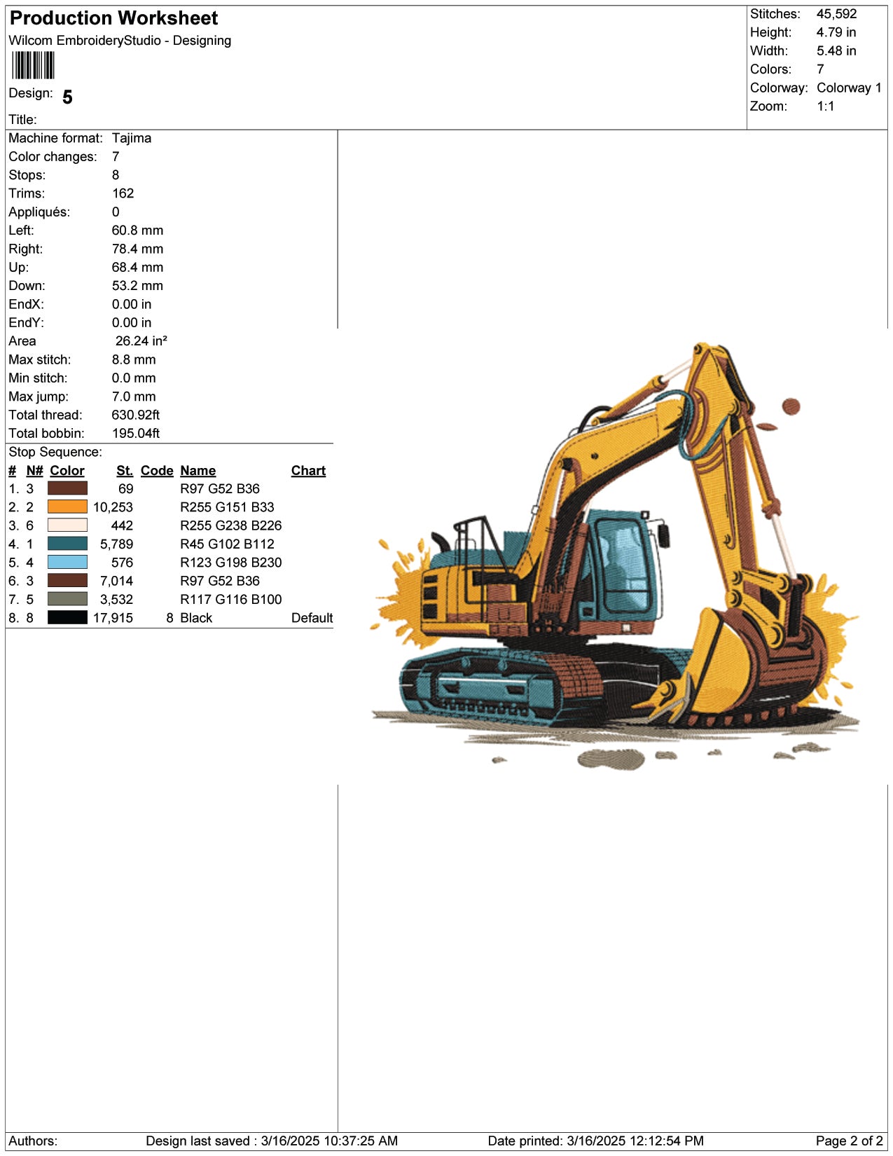 Excavator v2 Embroidery Design Files - 9 Size's