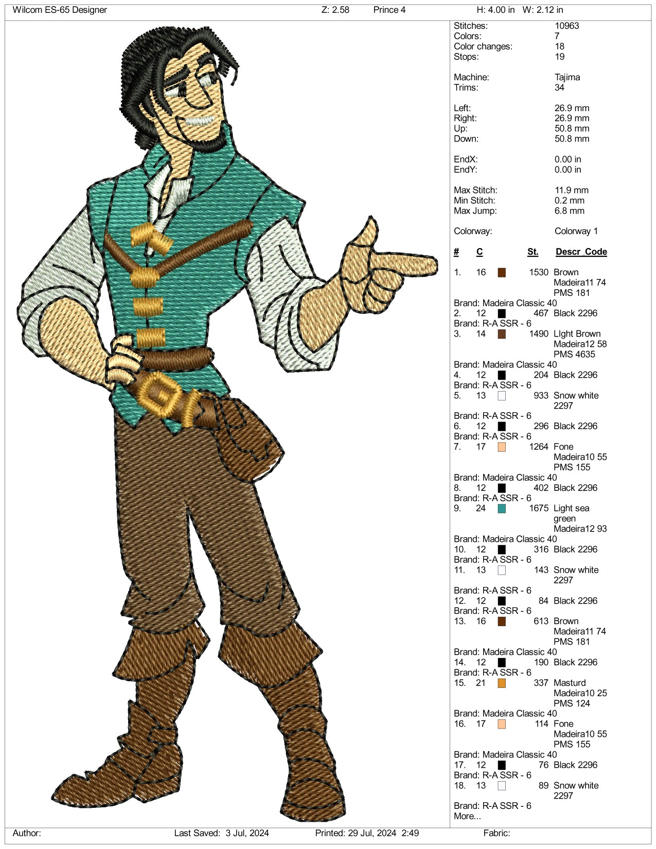 Flynn Rider v2 Embroidery Design Files - 3 Size's