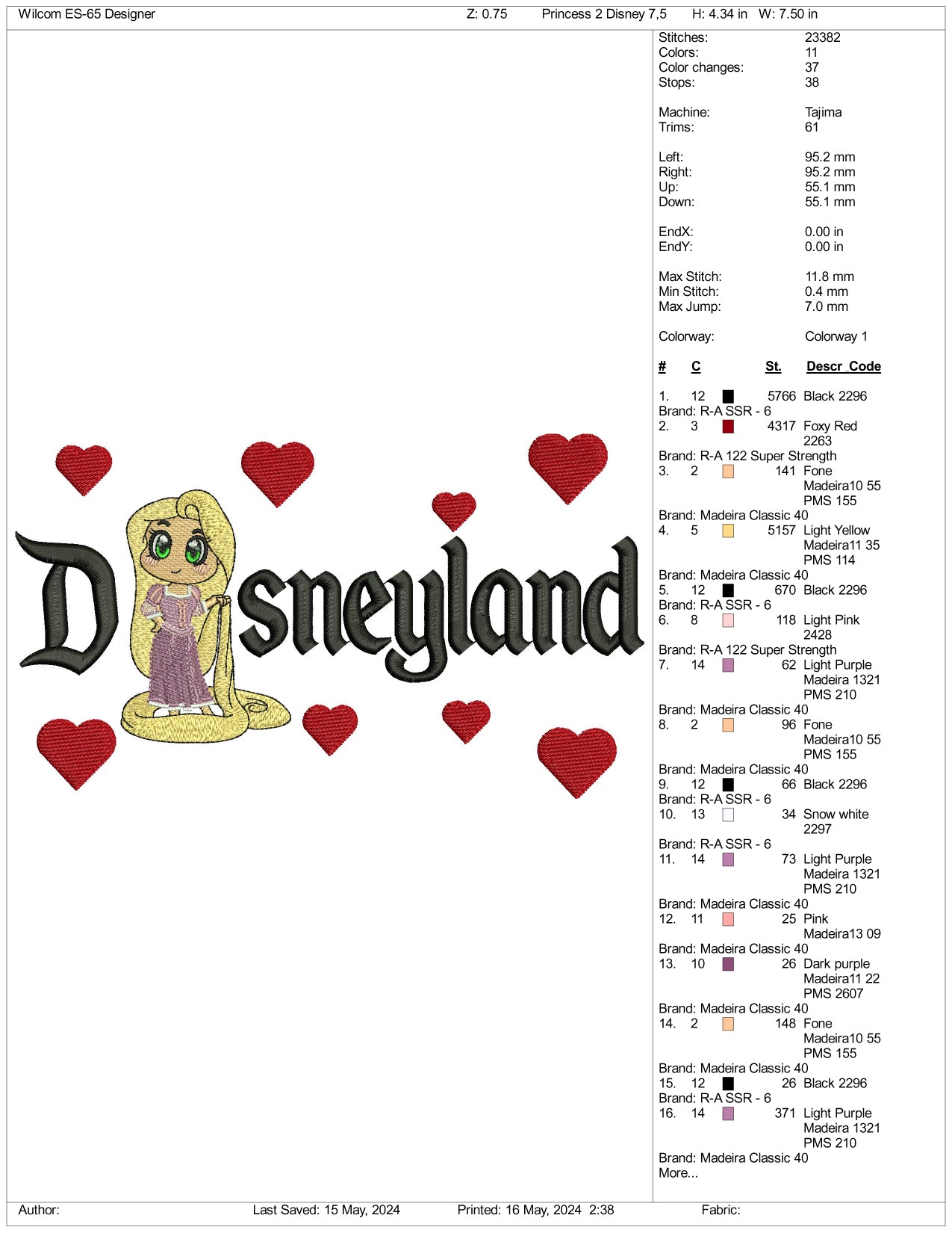 Rapunzel v1 Disneyland Embroidery Design Files - 3 Sizes