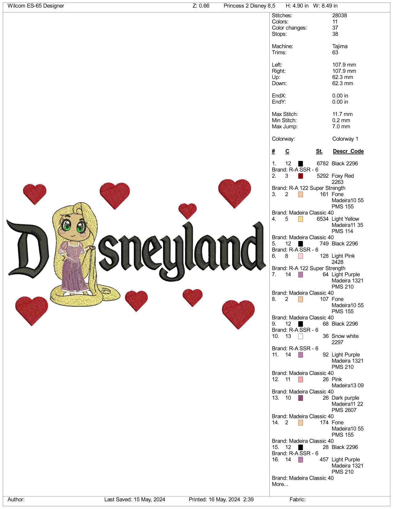 Rapunzel v1 Disneyland Embroidery Design Files - 3 Sizes