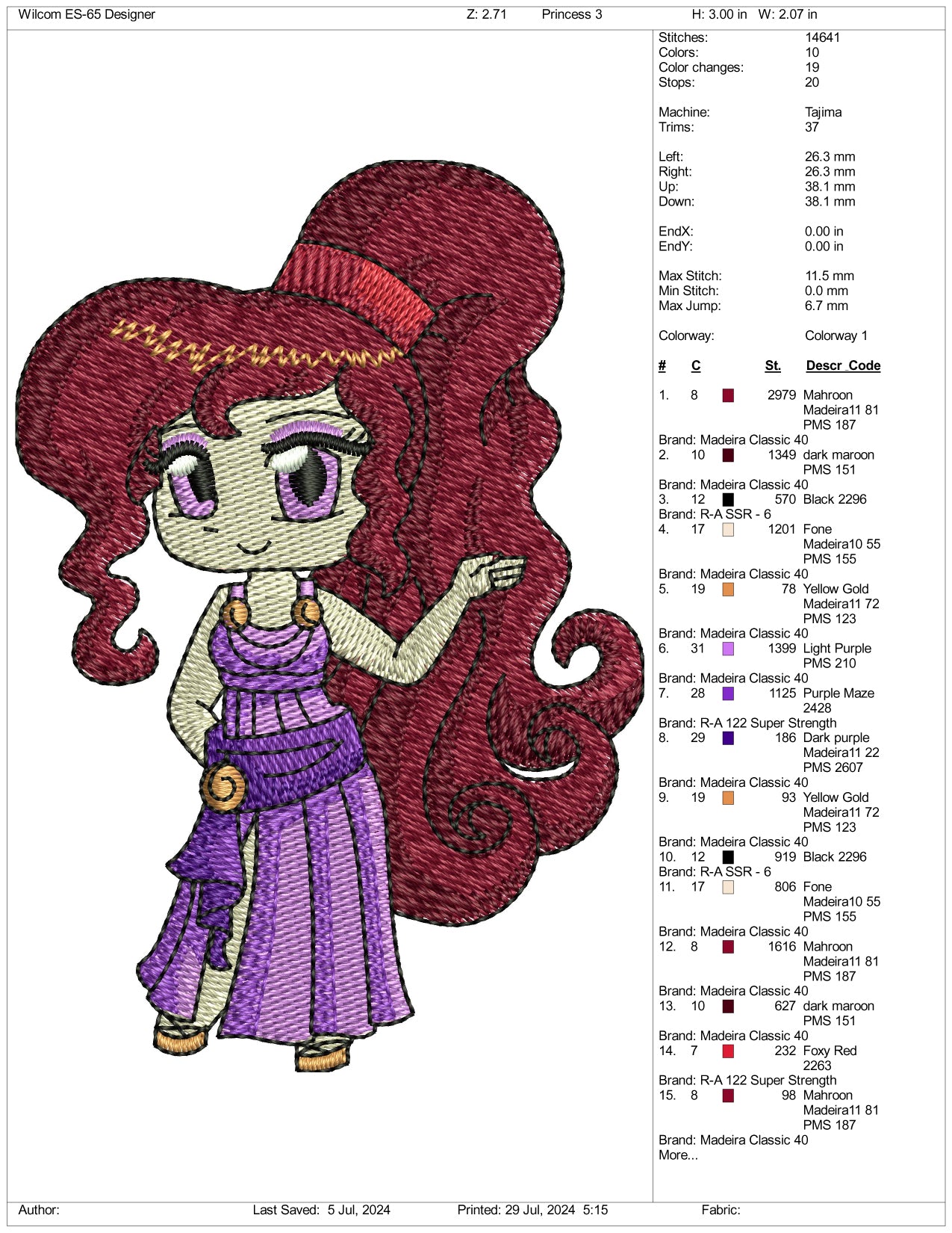 Chibi Megara v2 Embroidery Design Files - 3 Size's