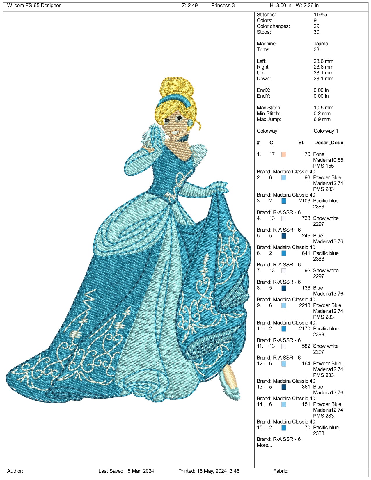 Cinderella Embroidery Design Files - 3 Size's