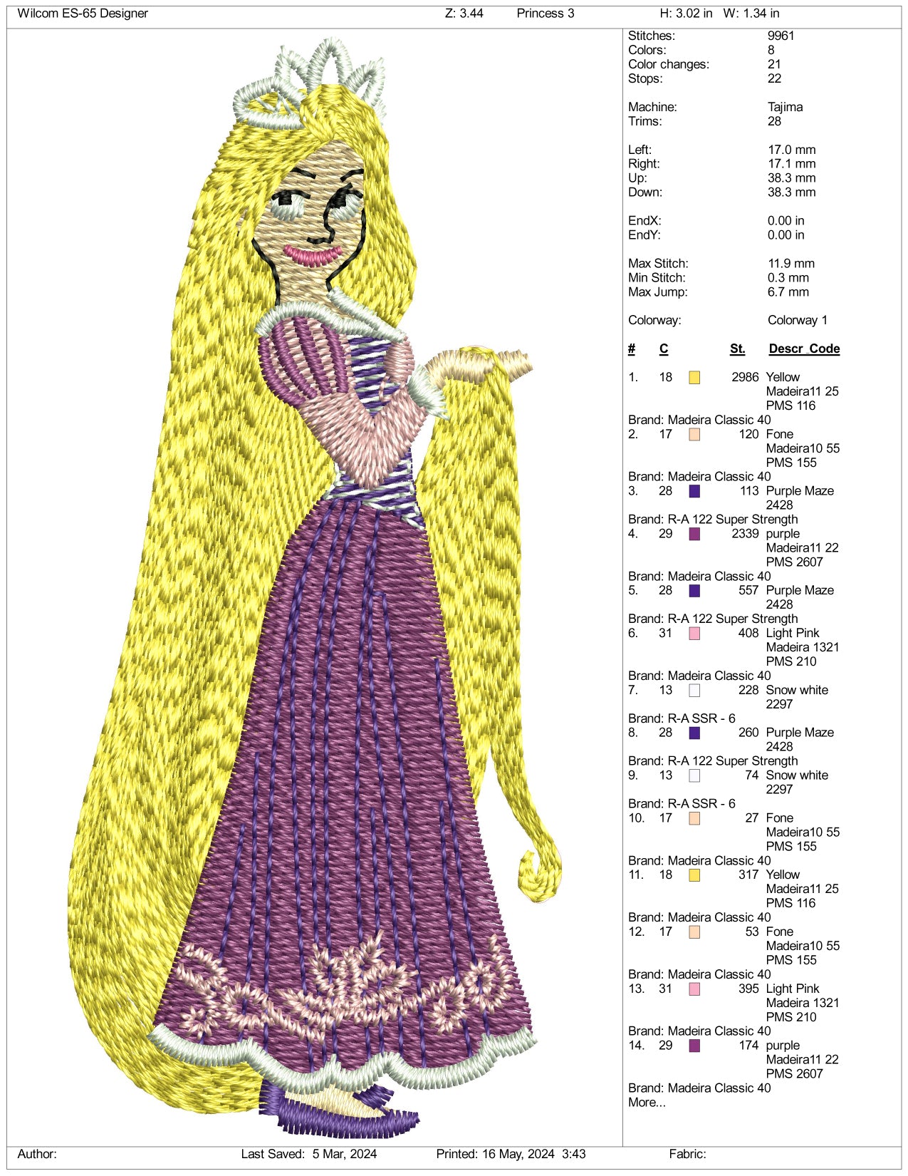 Rapunzel v2 Embroidery Design Files - 3 Sizes