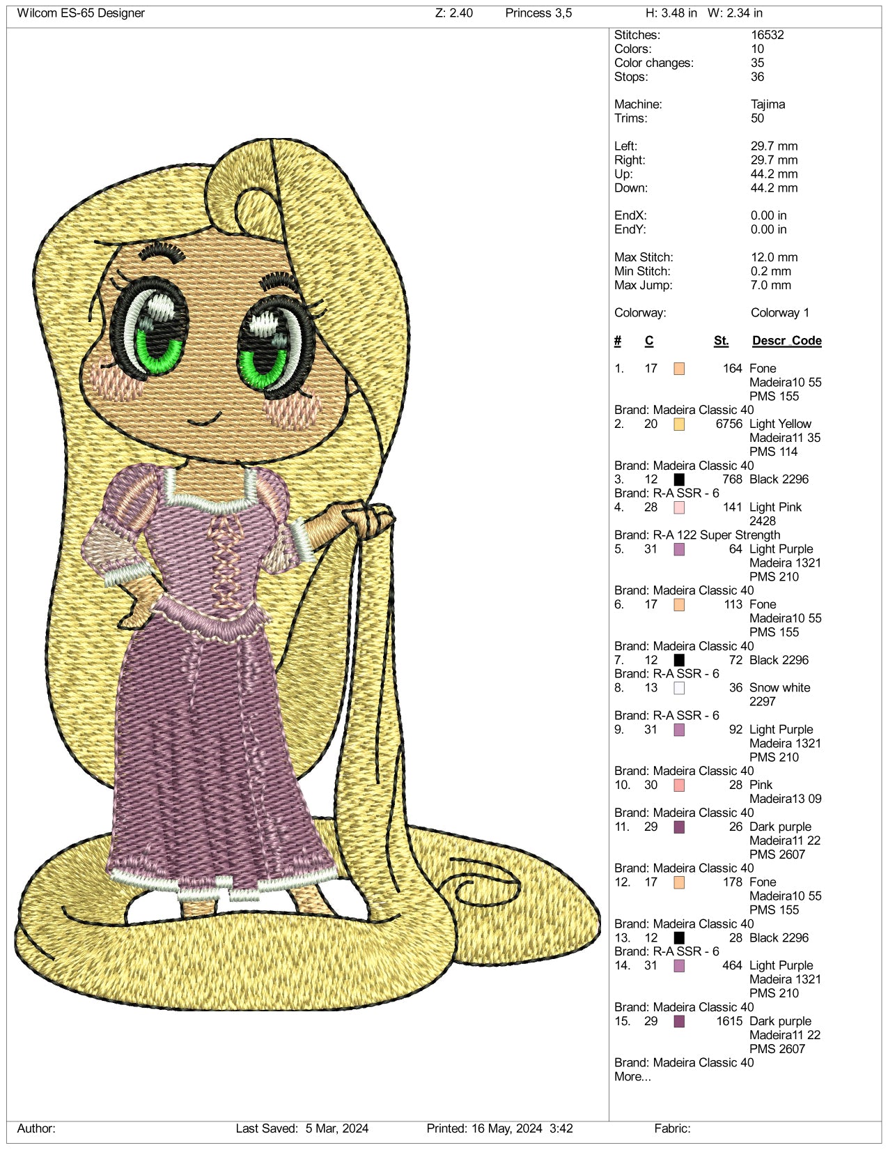 Rapunzel v1 Embroidery Design Files - 3 Sizes