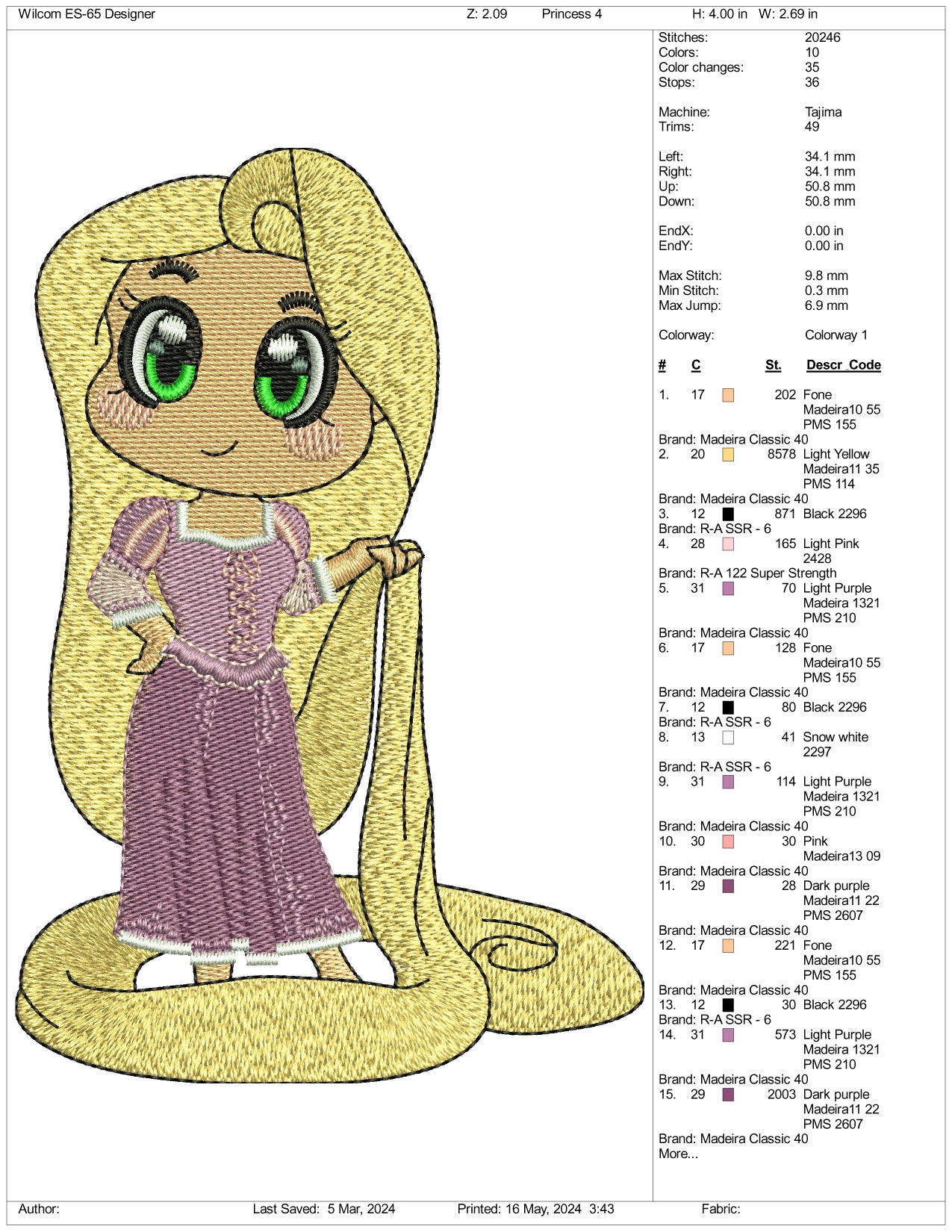 Rapunzel v1 Embroidery Design Files - 3 Sizes