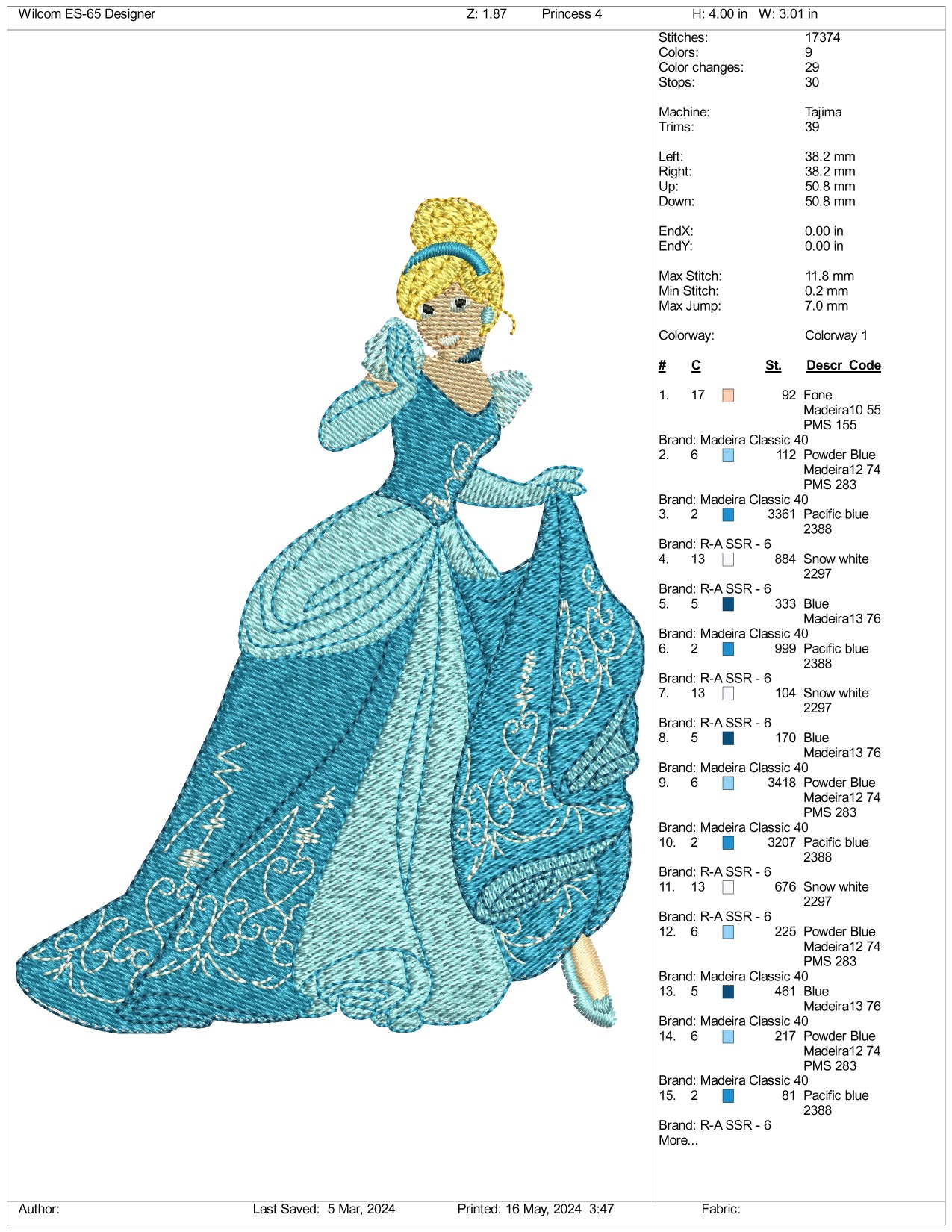 Cinderella Embroidery Design Files - 3 Size's