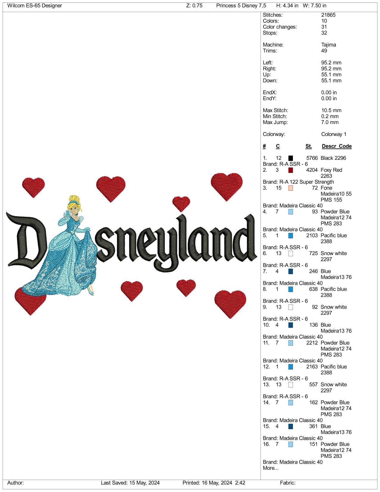 Cinderella Disneyland Embroidery Design Files - 3 Size's