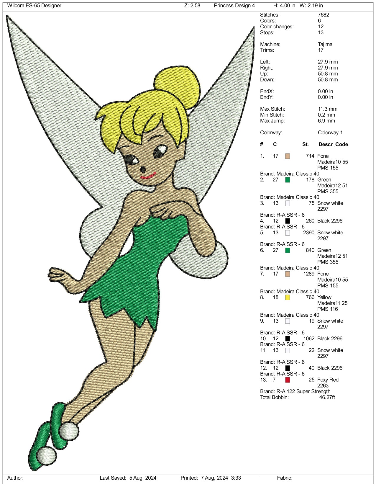 Tinker Bell v2 Embroidery Design Files - 3 Size's