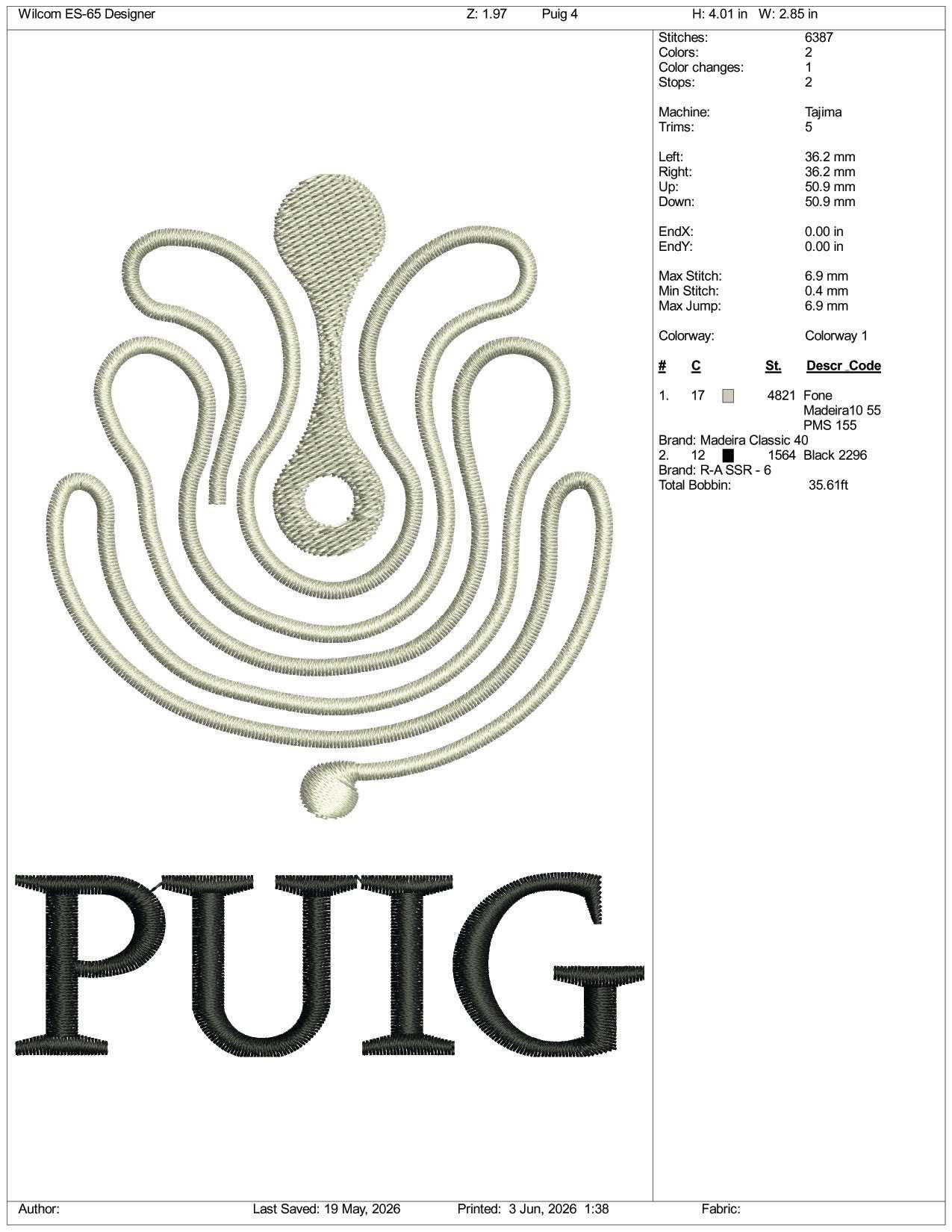 PUIG Logo Embroidery Design Files - 3 Size's