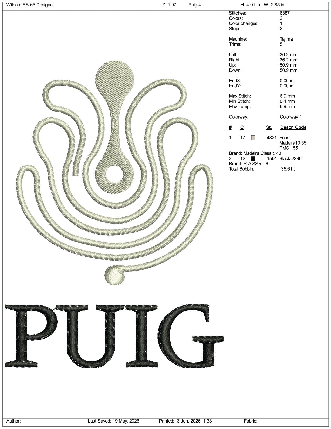 PUIG Logo Embroidery Design Files - 3 Size's