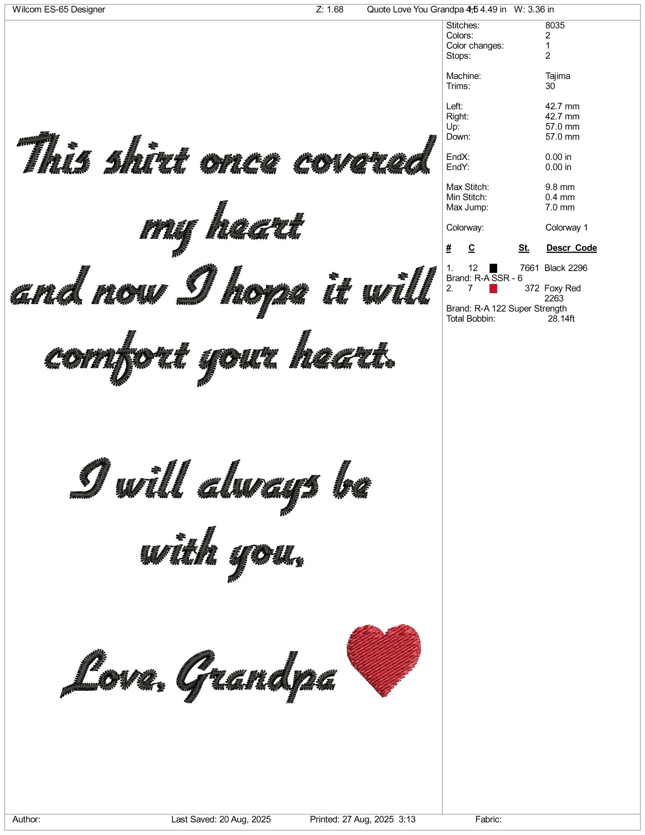 This Shirt Once Covered Love Grandpa Embroidery Design Files - 3 Size's
