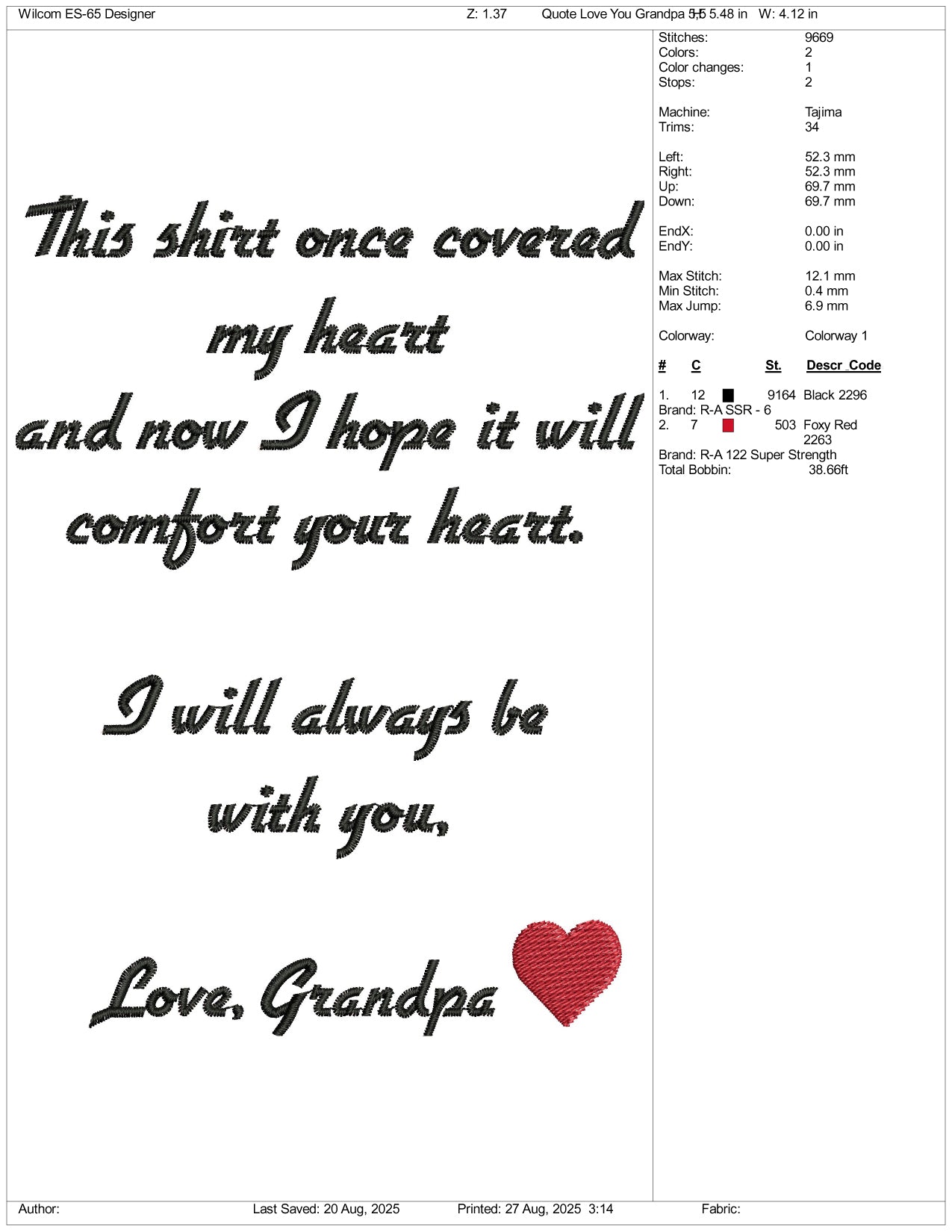 This Shirt Once Covered Love Grandpa Embroidery Design Files - 3 Size's