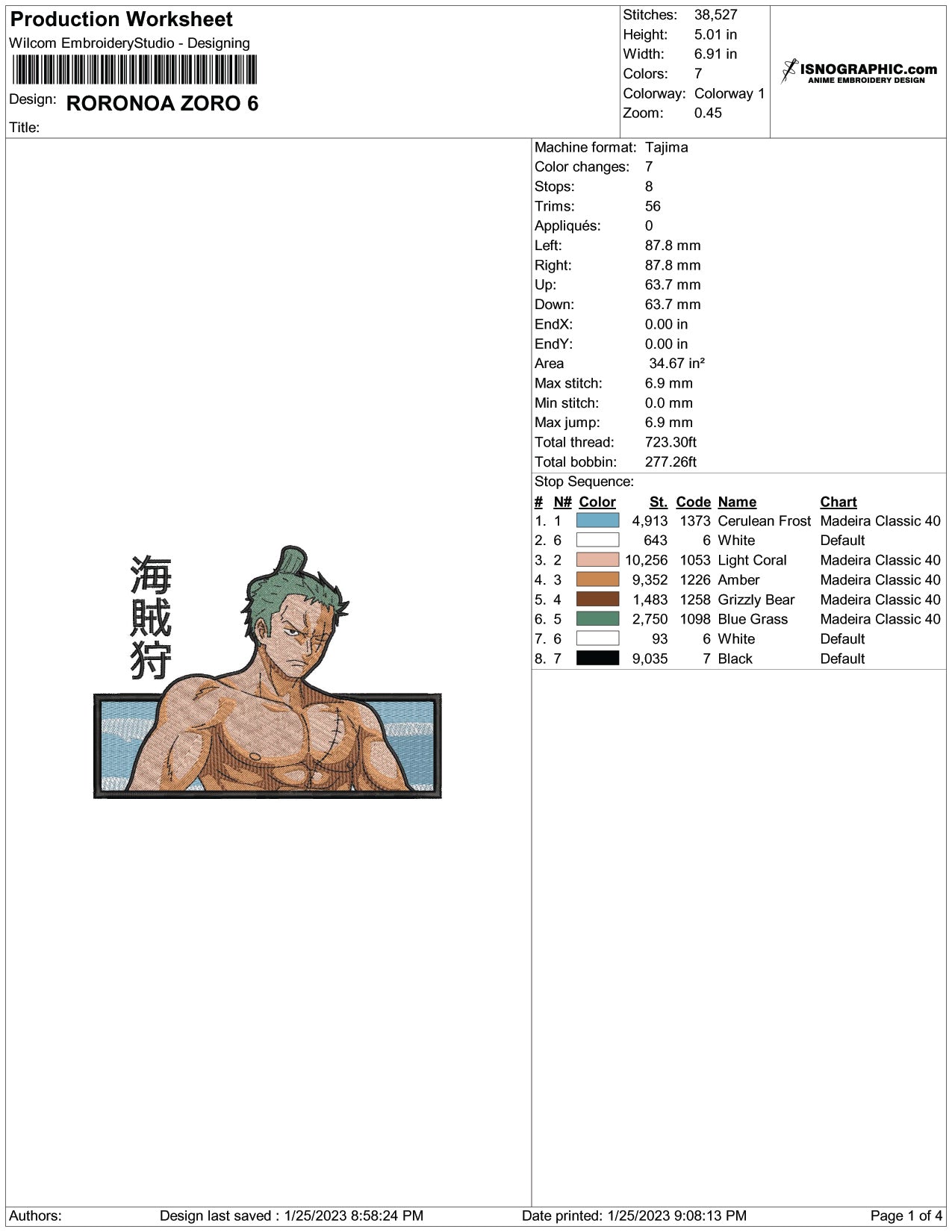 Roronoa Zoro v17 Embroidery Design Files - 4 Size's