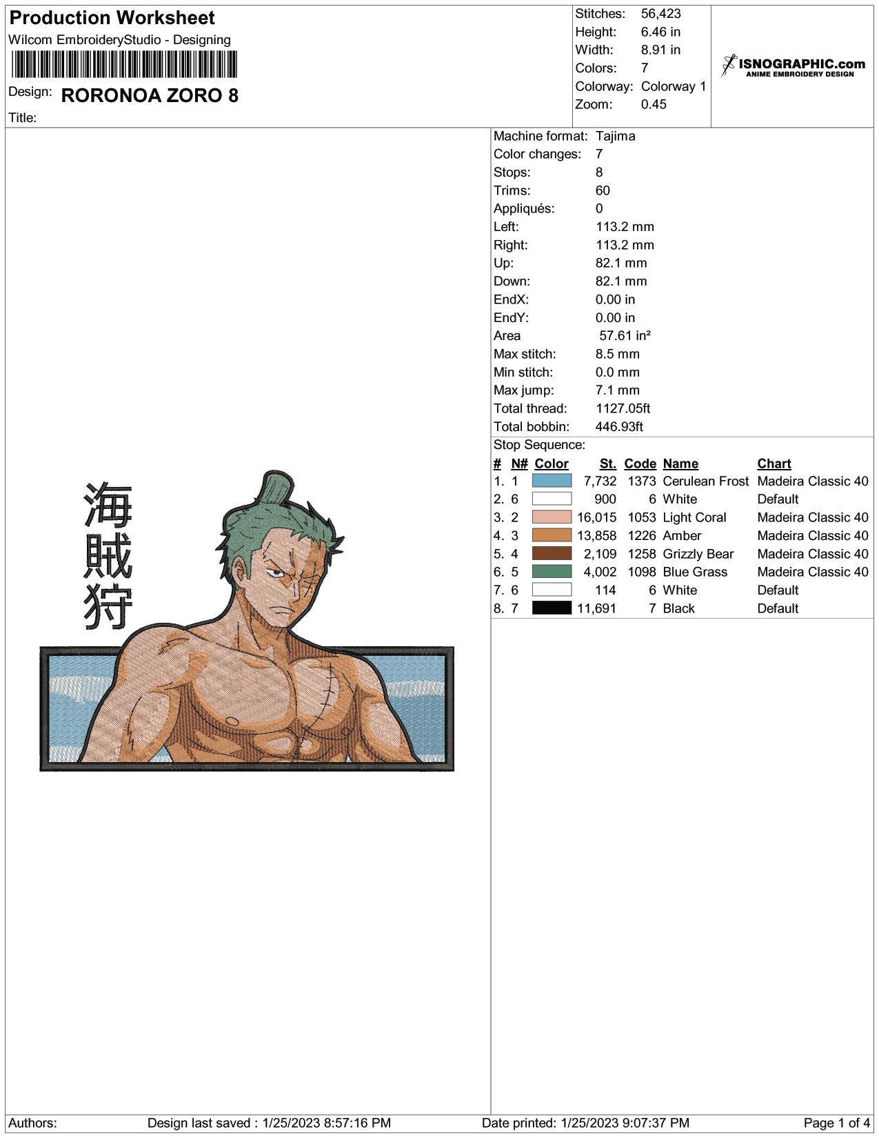Roronoa Zoro v17 Embroidery Design Files - 4 Size's