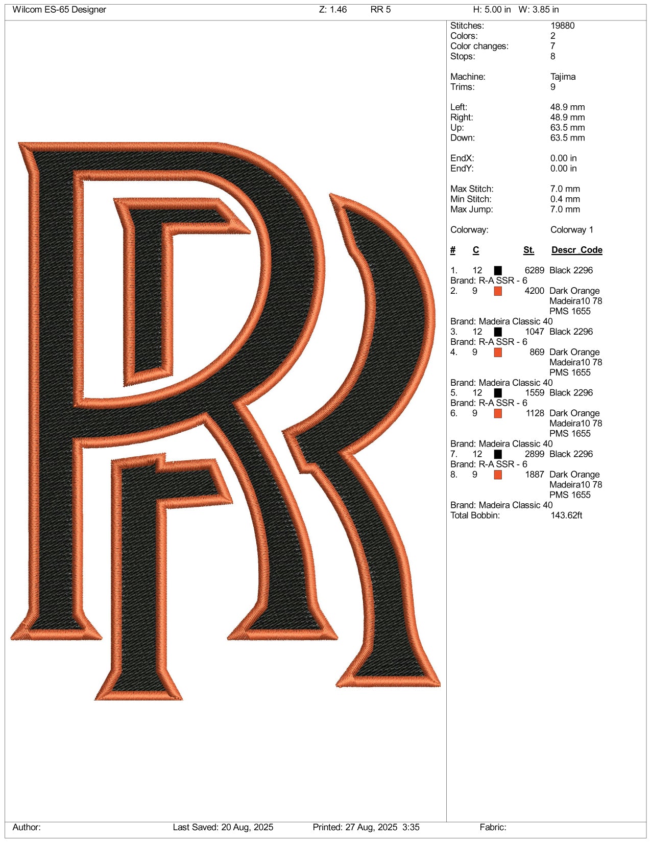 Rolls Royce RR Embroidery Design Files - 3 Size's