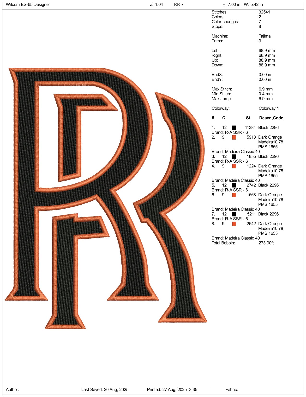 Rolls Royce RR Embroidery Design Files - 3 Size's