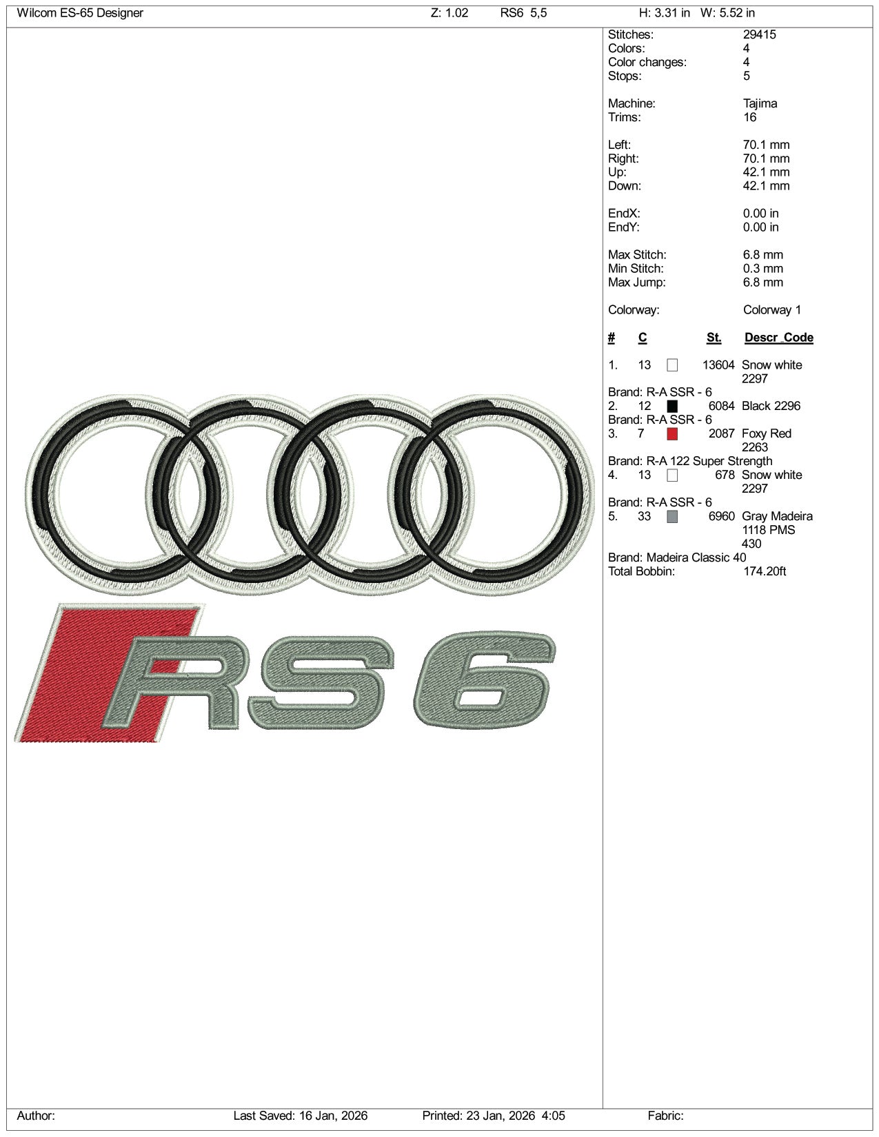 Audi RS6 Logo Embroidery Design Files - 4 Size's