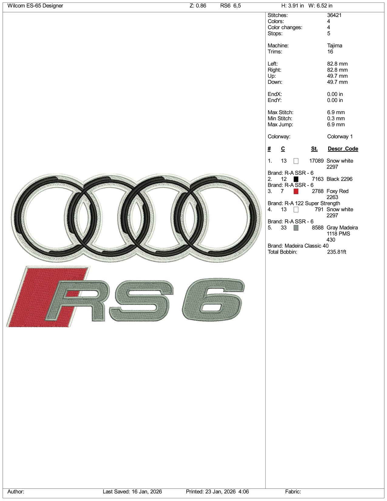 Audi RS6 Logo Embroidery Design Files - 4 Size's