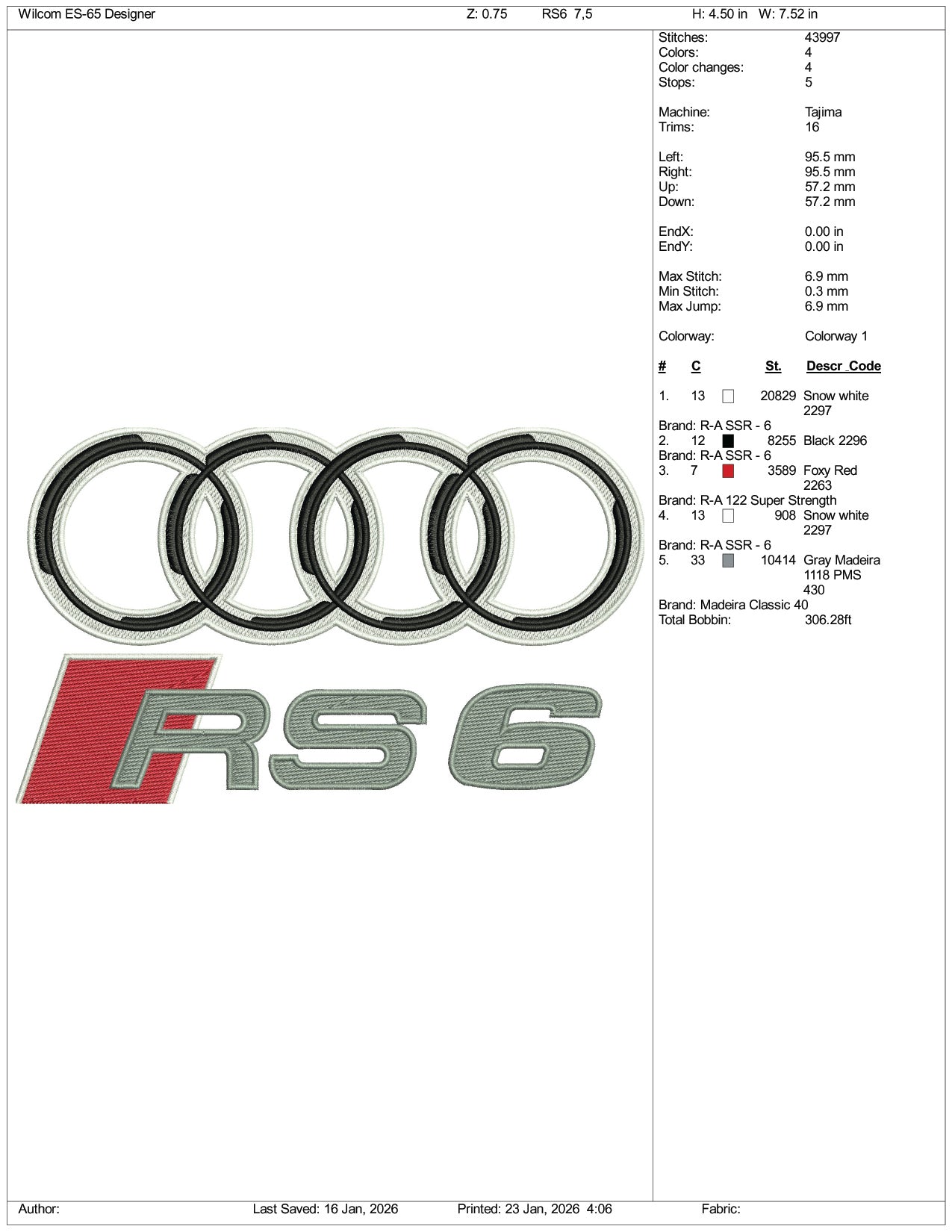 Audi RS6 Logo Embroidery Design Files - 4 Size's