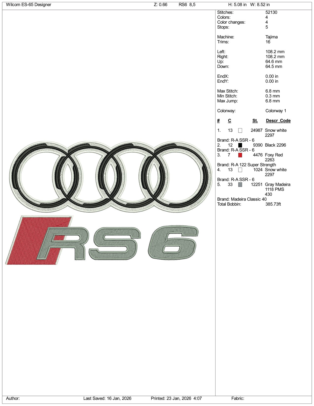 Audi RS6 Logo Embroidery Design Files - 4 Size's