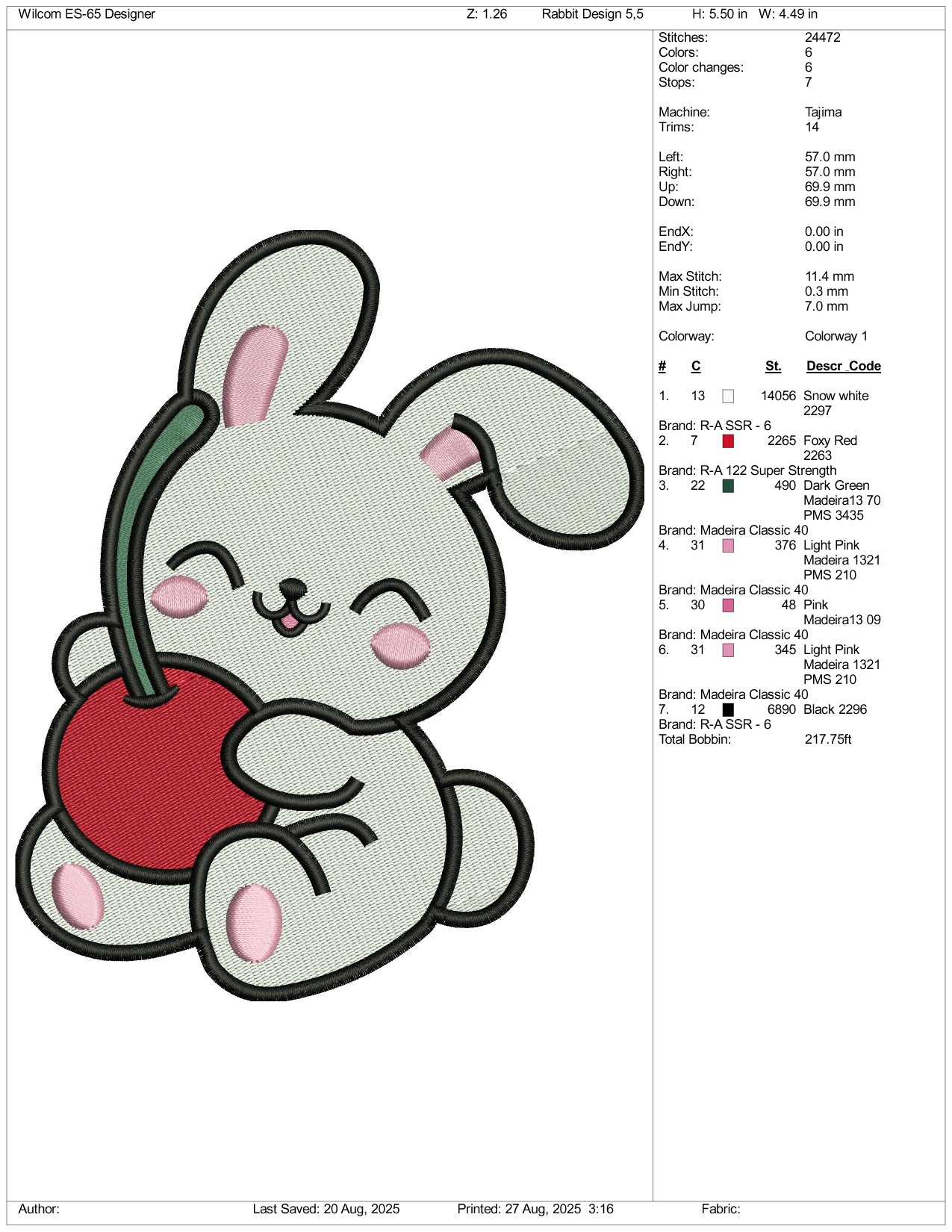 Bunny Cherry Embroidery Design Files - 3 Size's