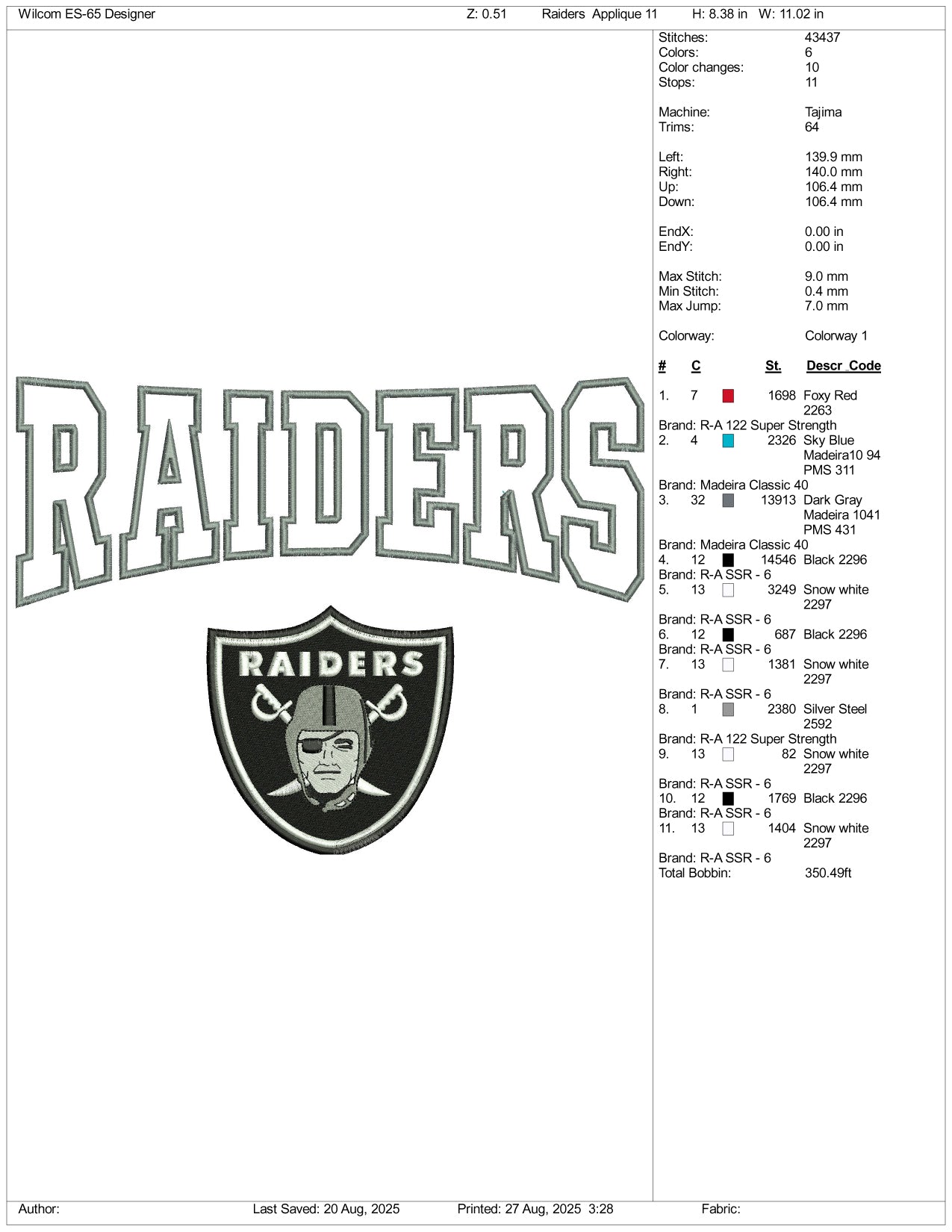 Raiders Embroidery Design Files - 3 Size's