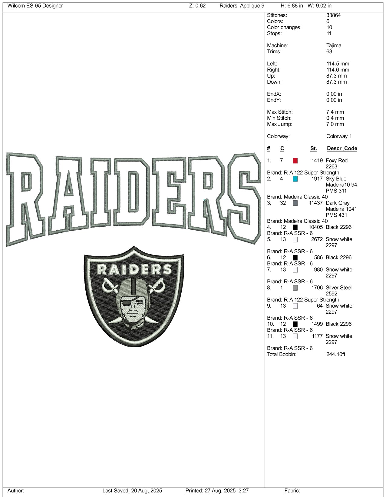 Raiders Embroidery Design Files - 3 Size's