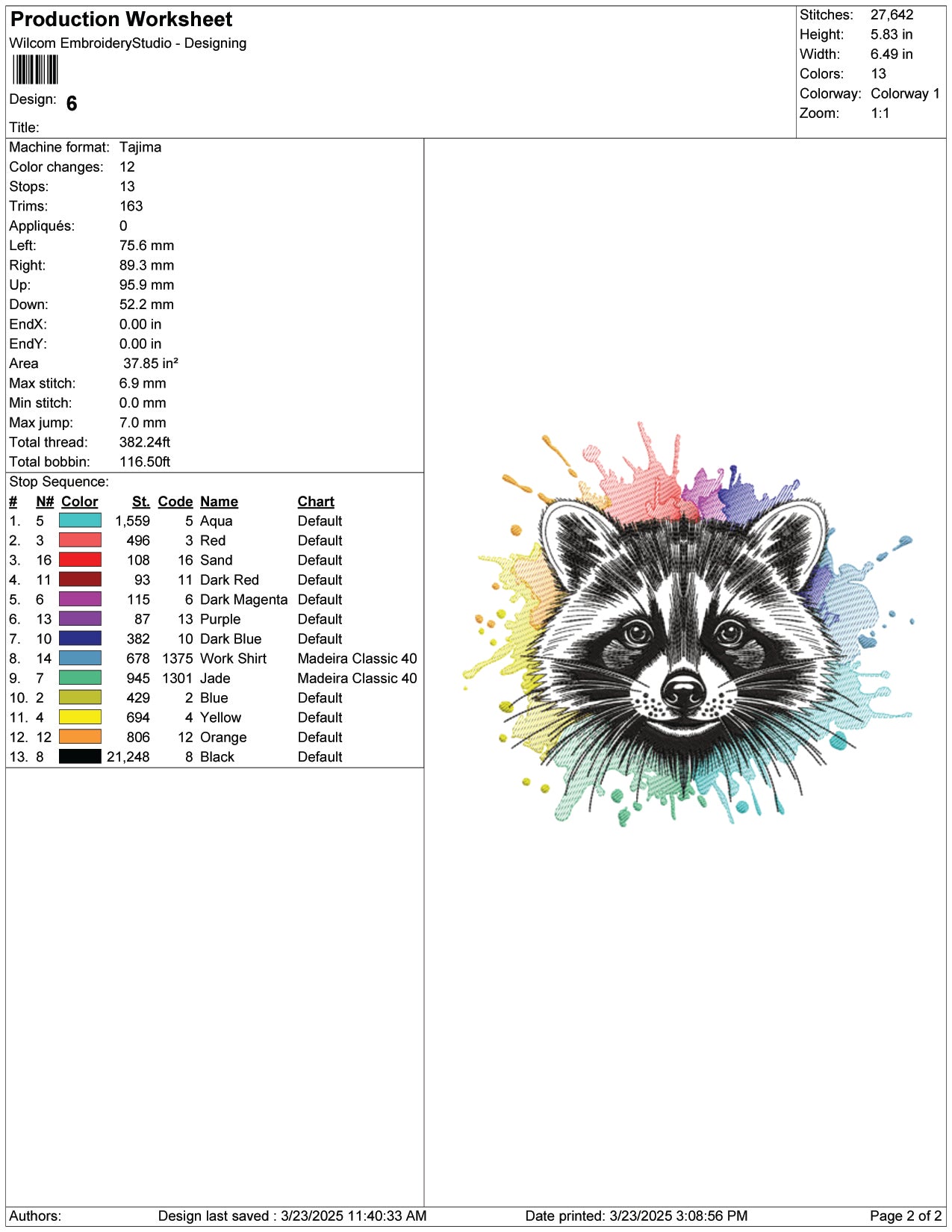Rainbow Splash Raccoon Embroidery Design Files - 7 Size's