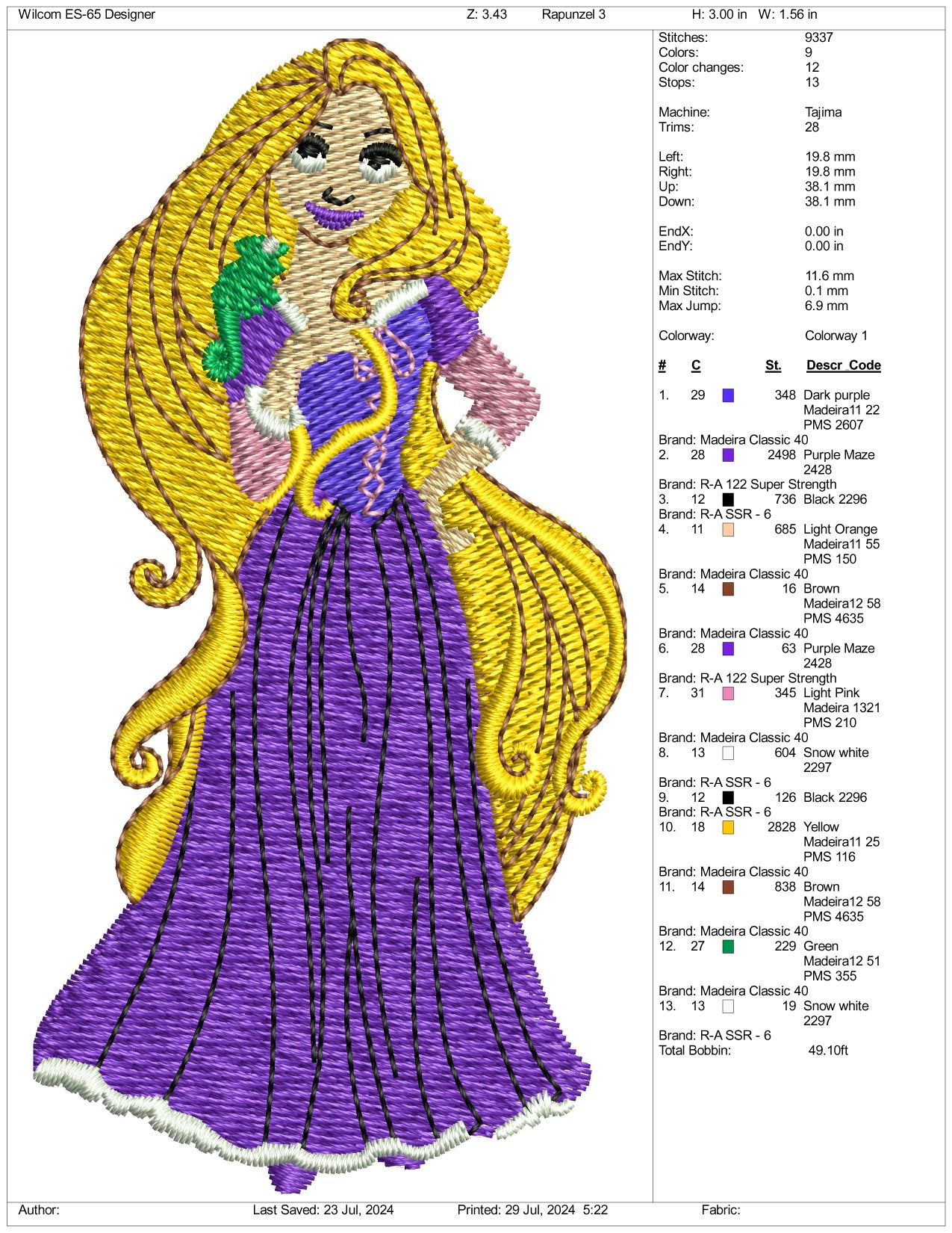 Rapunzel v3 Embroidery Design Files - 3 Size's