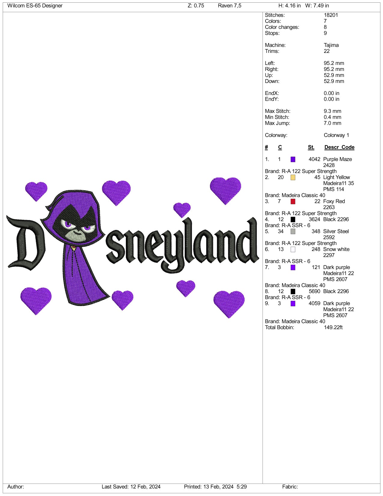 Raven Disneyland Embroidery Design Files - 3 Size's