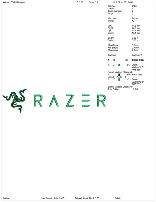 Razer Logo Embroidery Design Files - 3 Size's