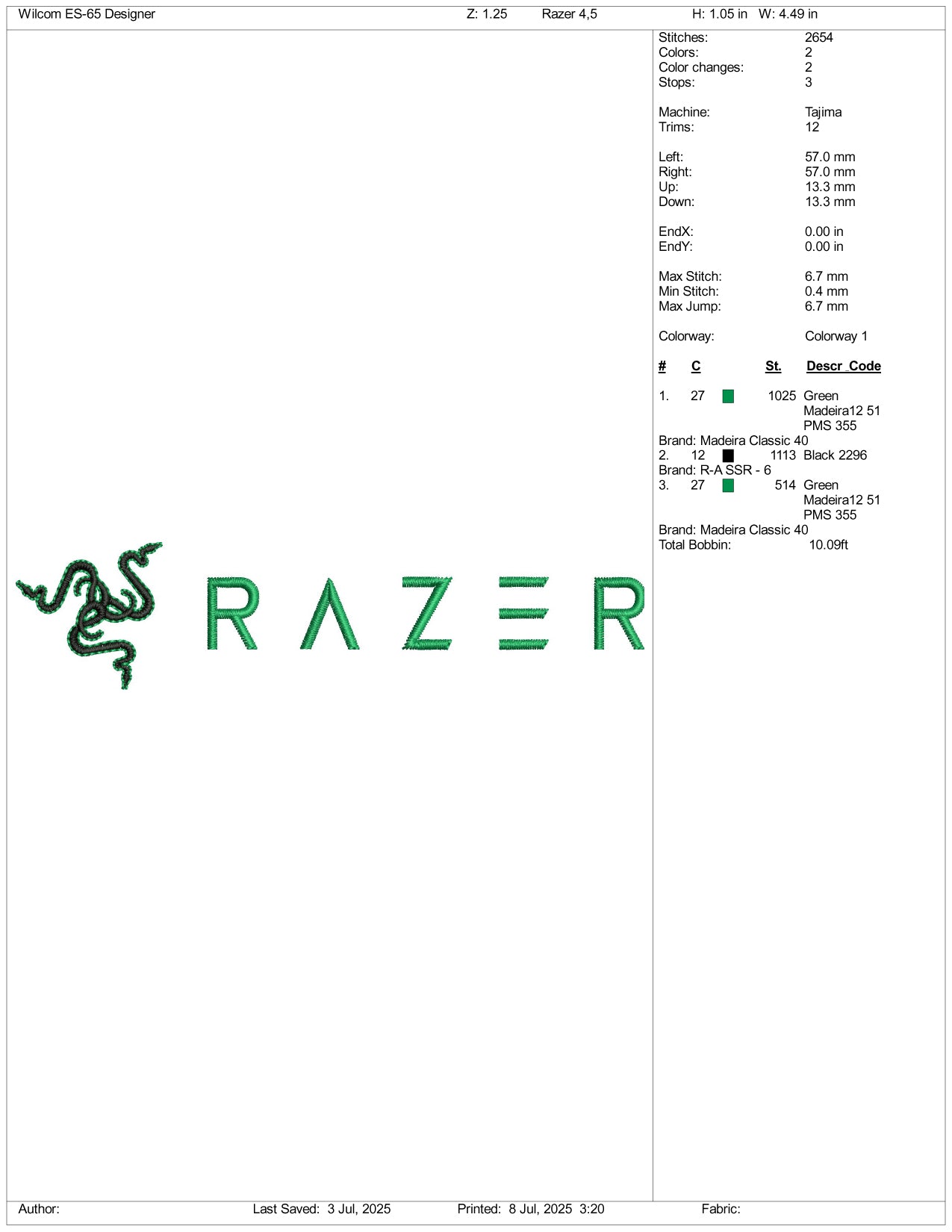 Razer Logo Embroidery Design Files - 3 Size's