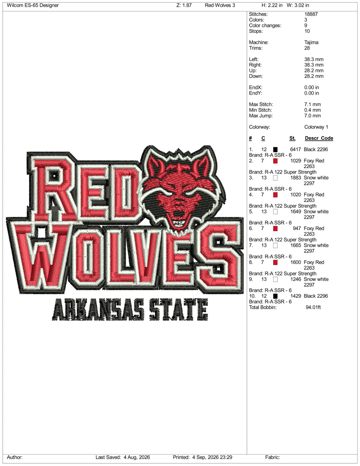 Red Wolves Logo Embroidery Design Files - 3 Size's